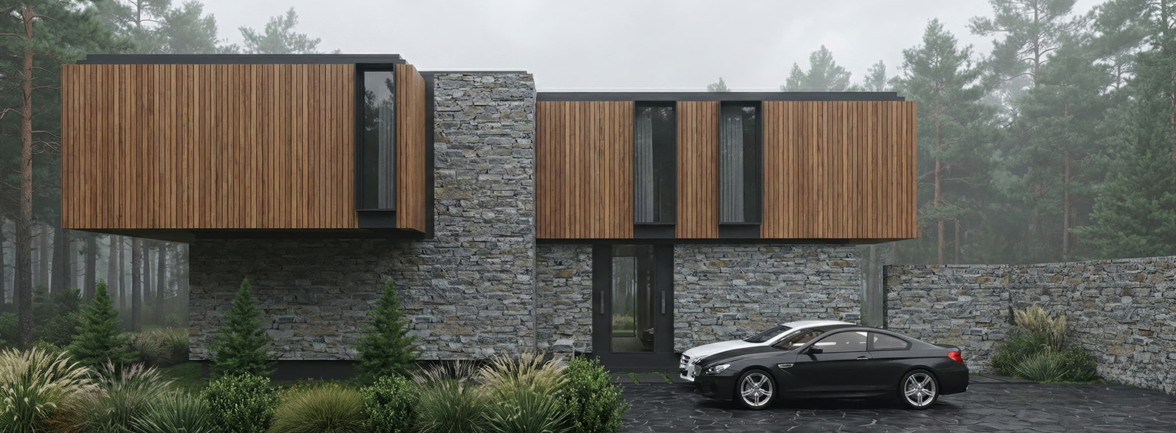Front elevation showing cantilevered wood volumes above natural stone walls