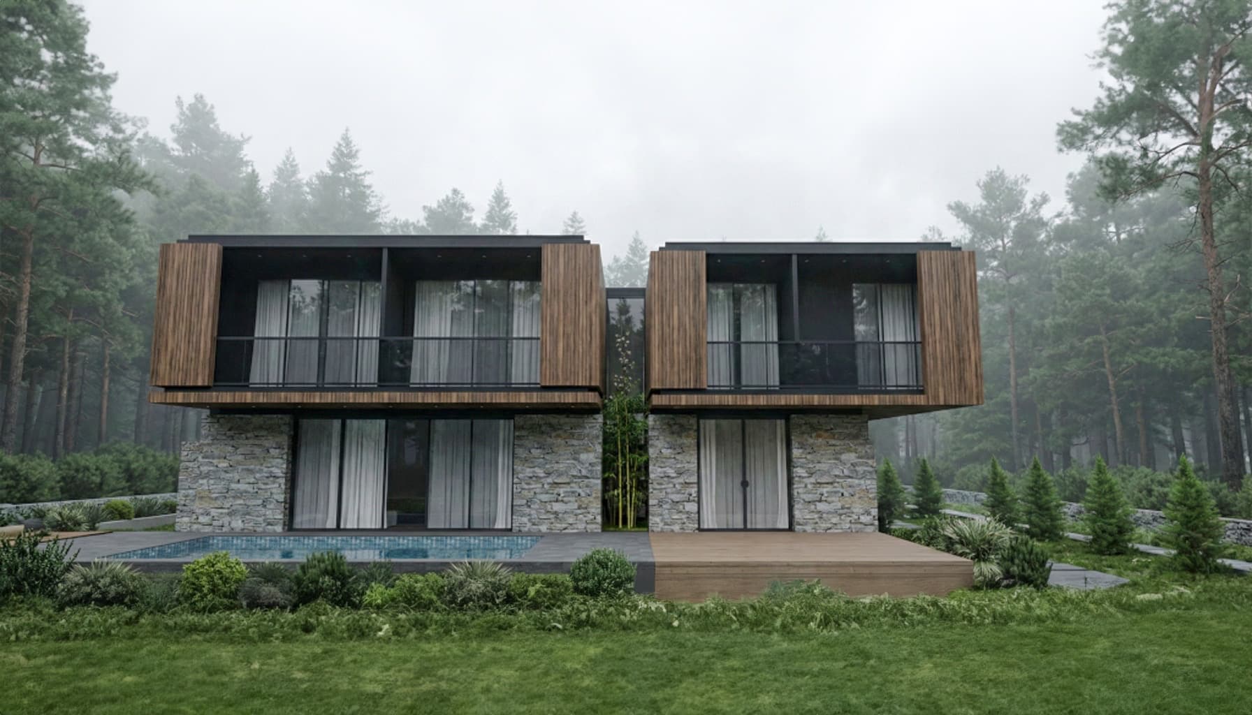 Garden facade with twin timber volumes, stone base, pool, and wooden deck