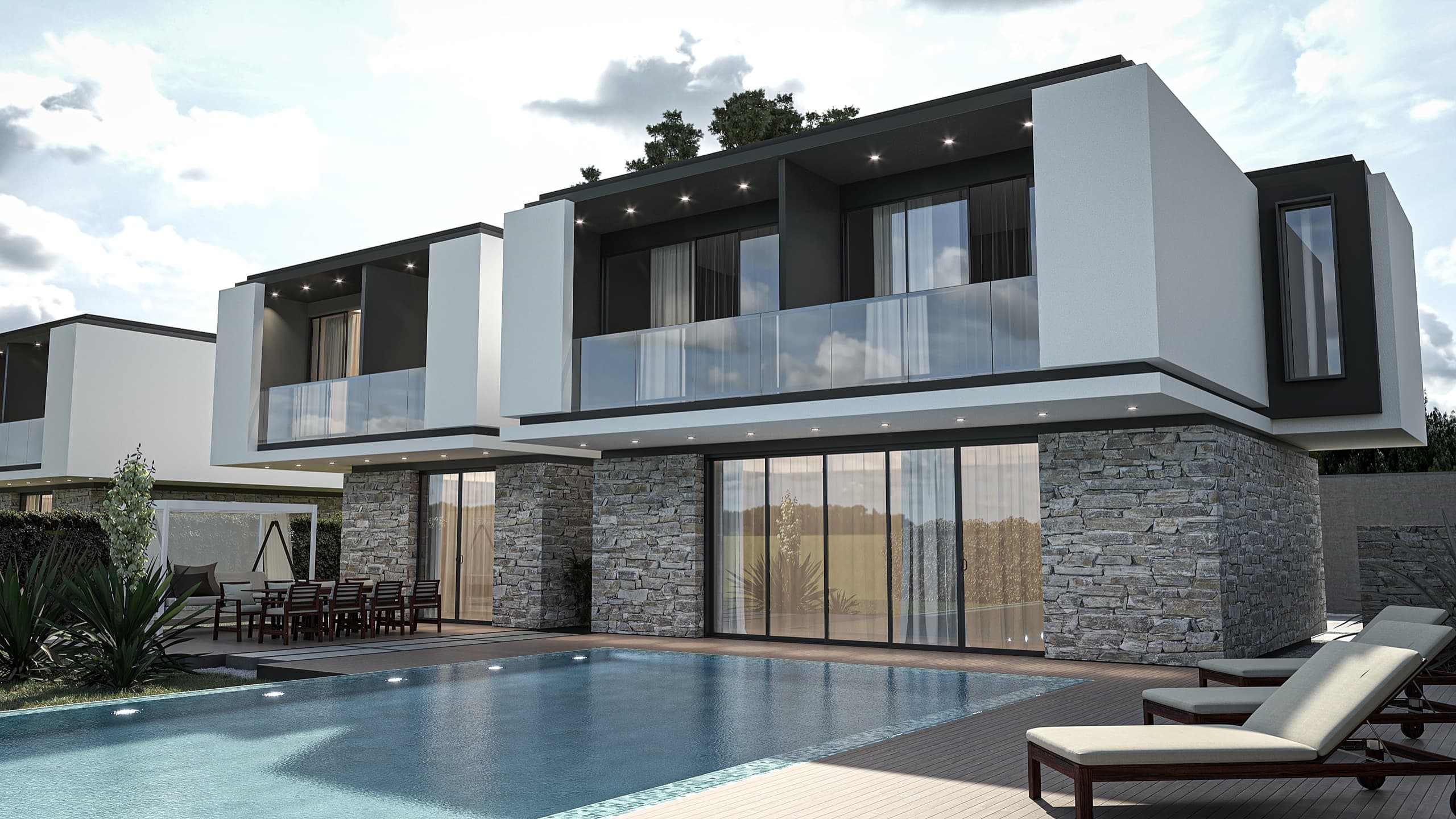 Side elevation of villa showing stone base and cantilevered second floor