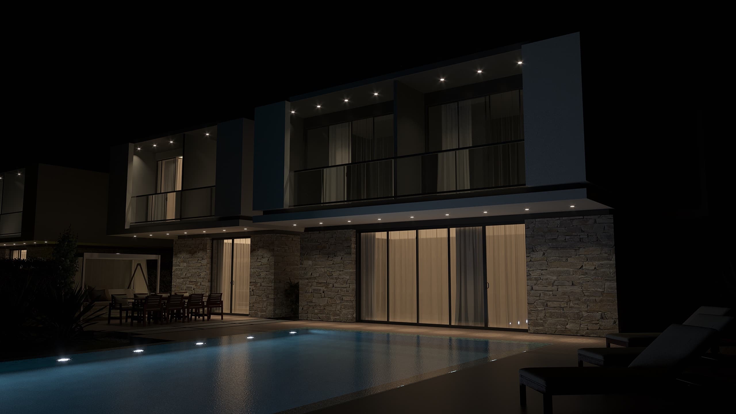 Front entrance with recessed door and integrated planters