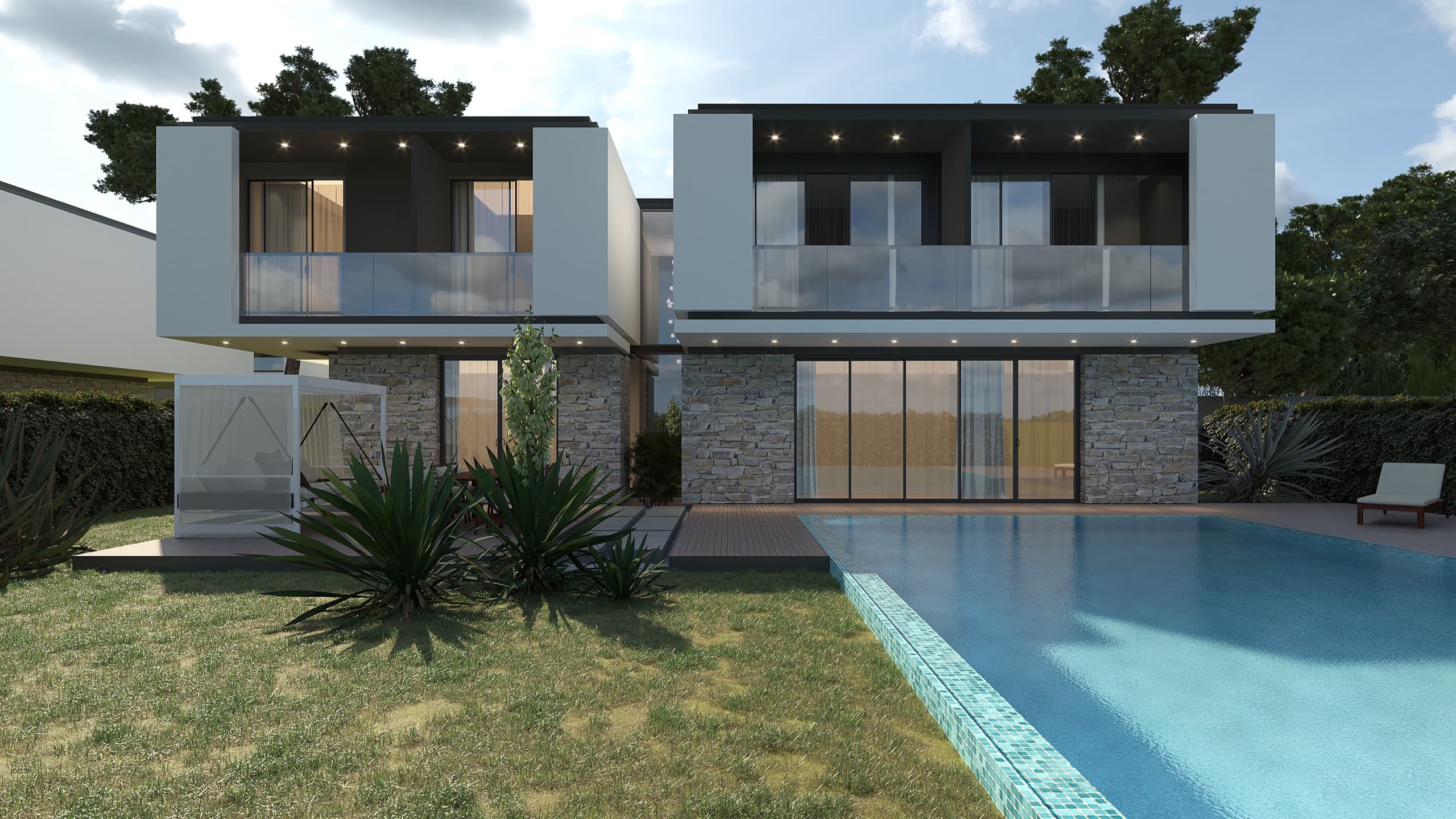 Garden facade with timber screening and outdoor dining terrace