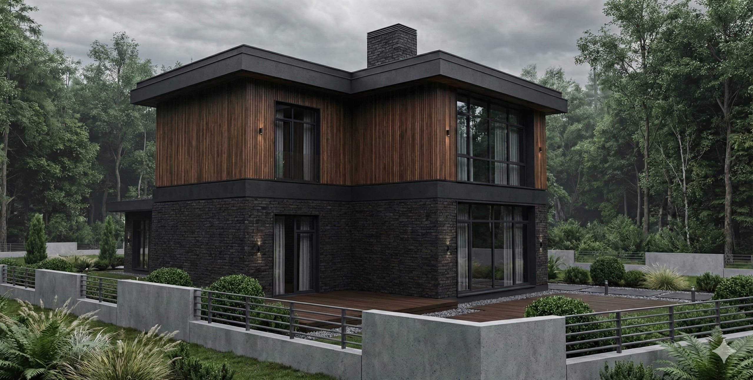 Garden facade with wide cantilevered roof and outdoor terrace