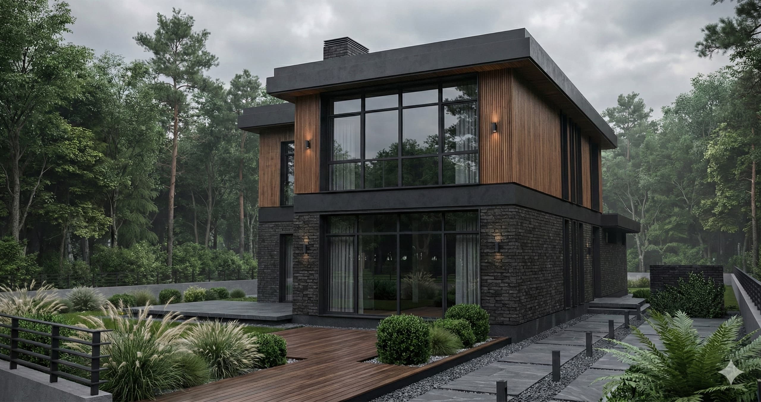 Aerial render of villa within its forest plot