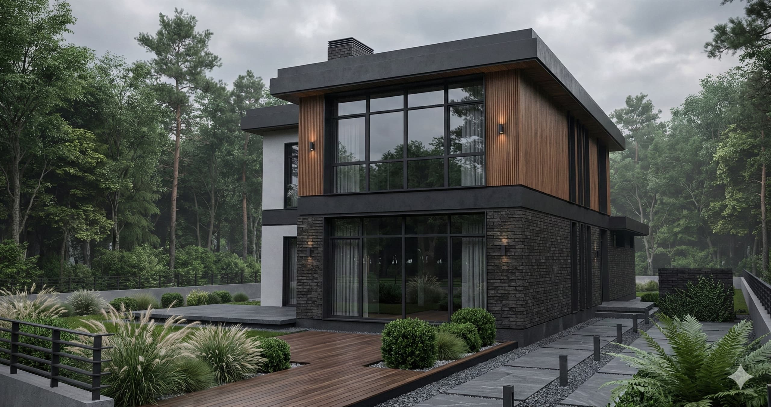 Twilight image of villa with warm interior glow against dark forest