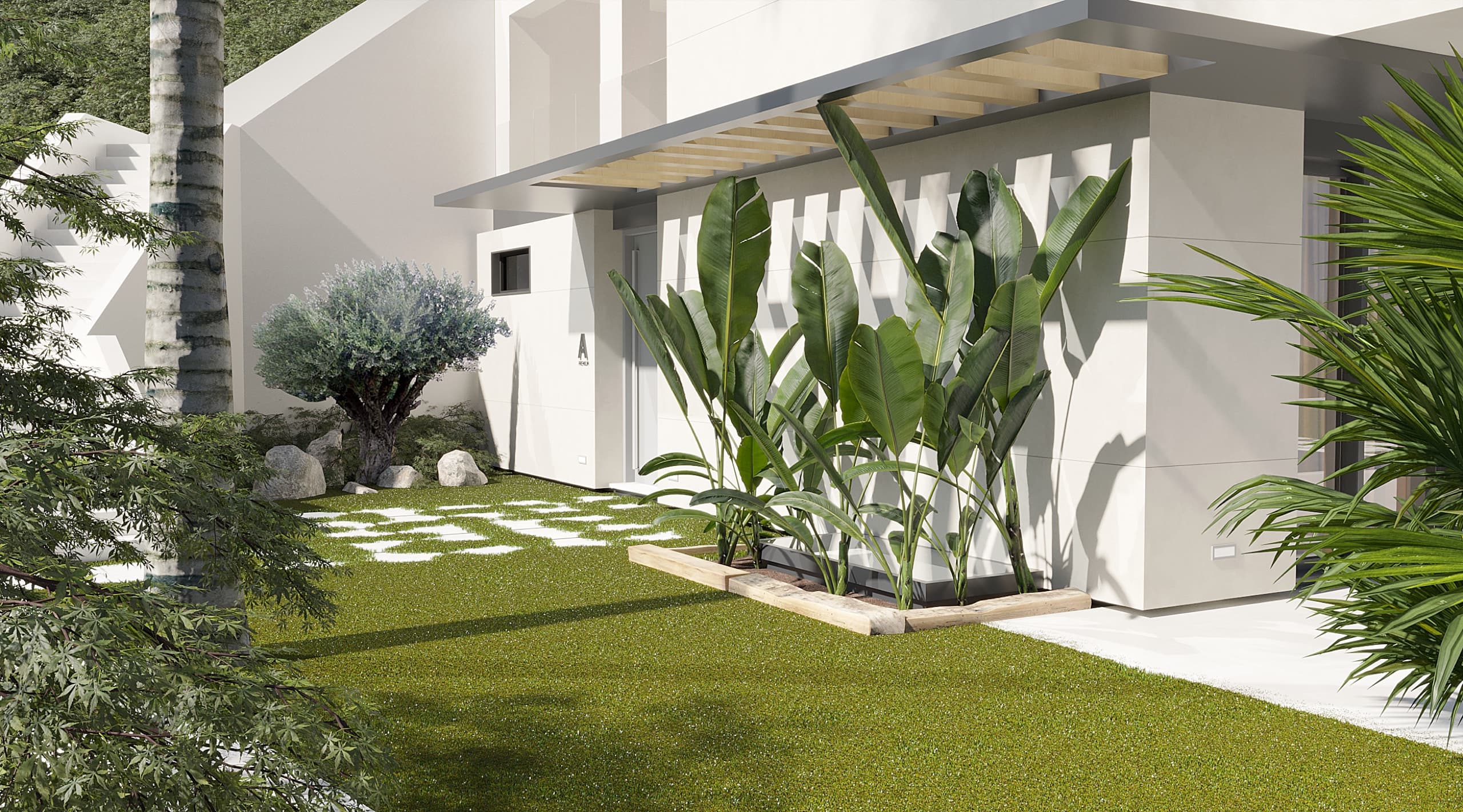 Front facade of one villa with shaded loggia and large panoramic glazing