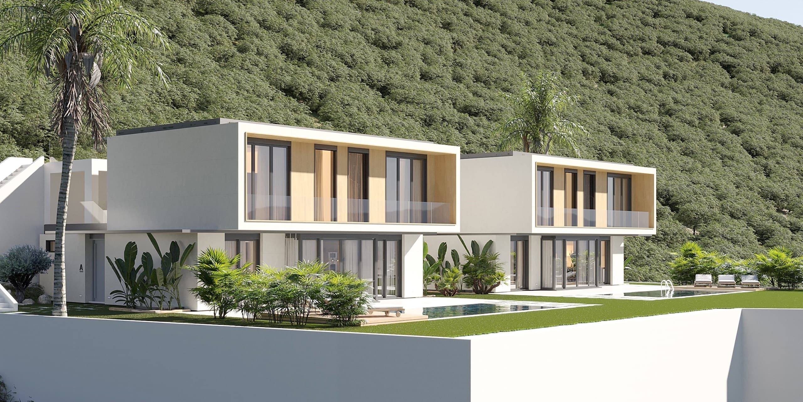 Rear elevation showing wood-clad volumes against the hillside