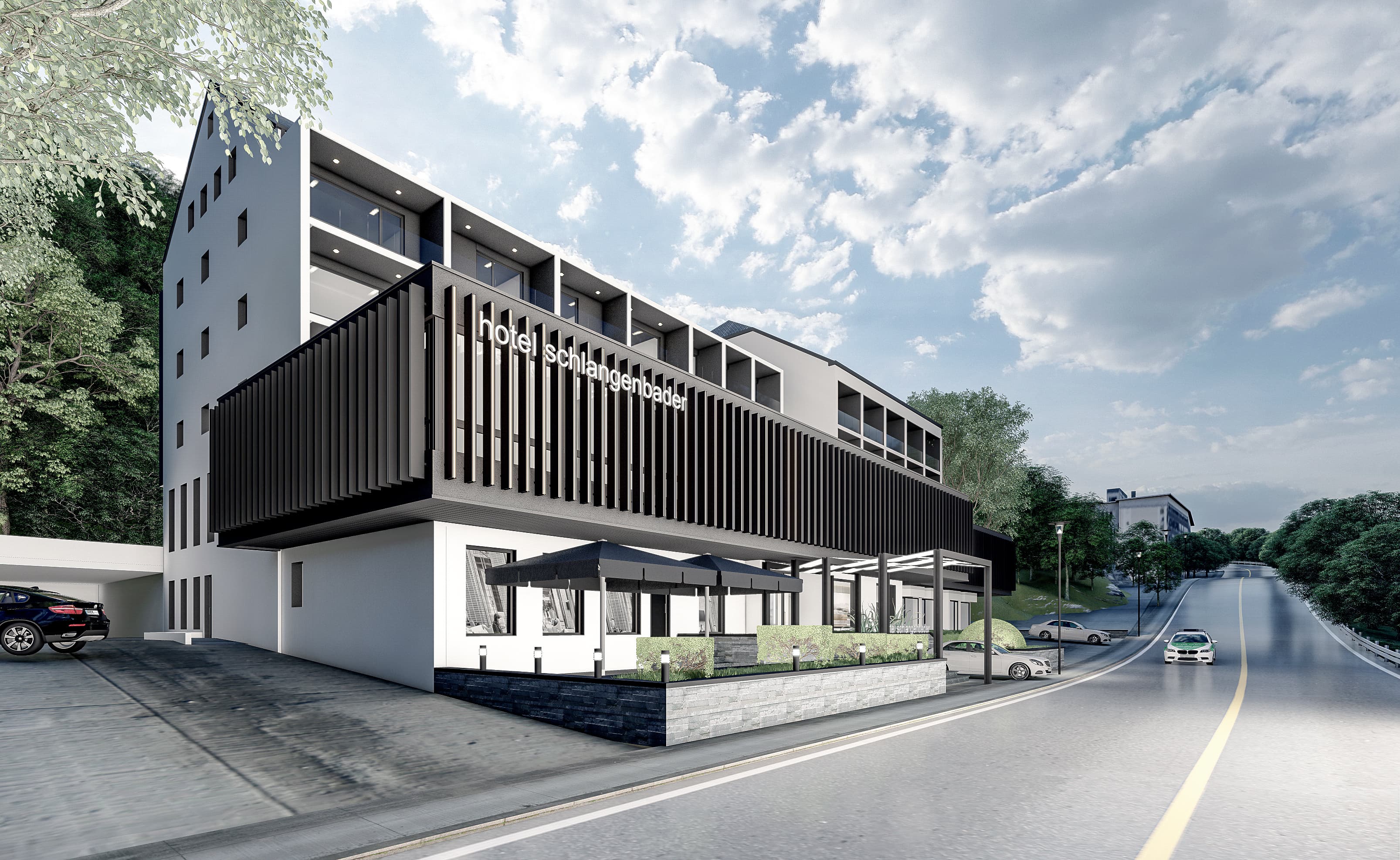 Sokak seviyesinden yaklaşım, koyu ahşap çıtalar ile beyaz sıvalı hacimlerin etkileşimini öne çıkarıyor.