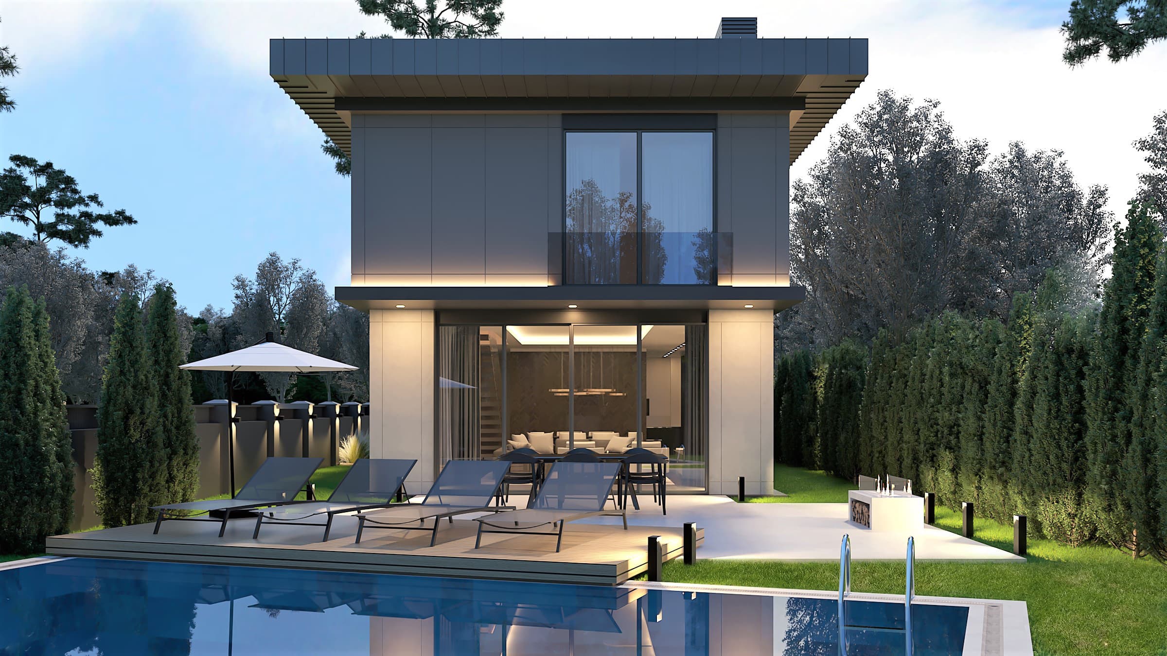 Garden facade with pool, lounge chairs, and full-height glazed living room