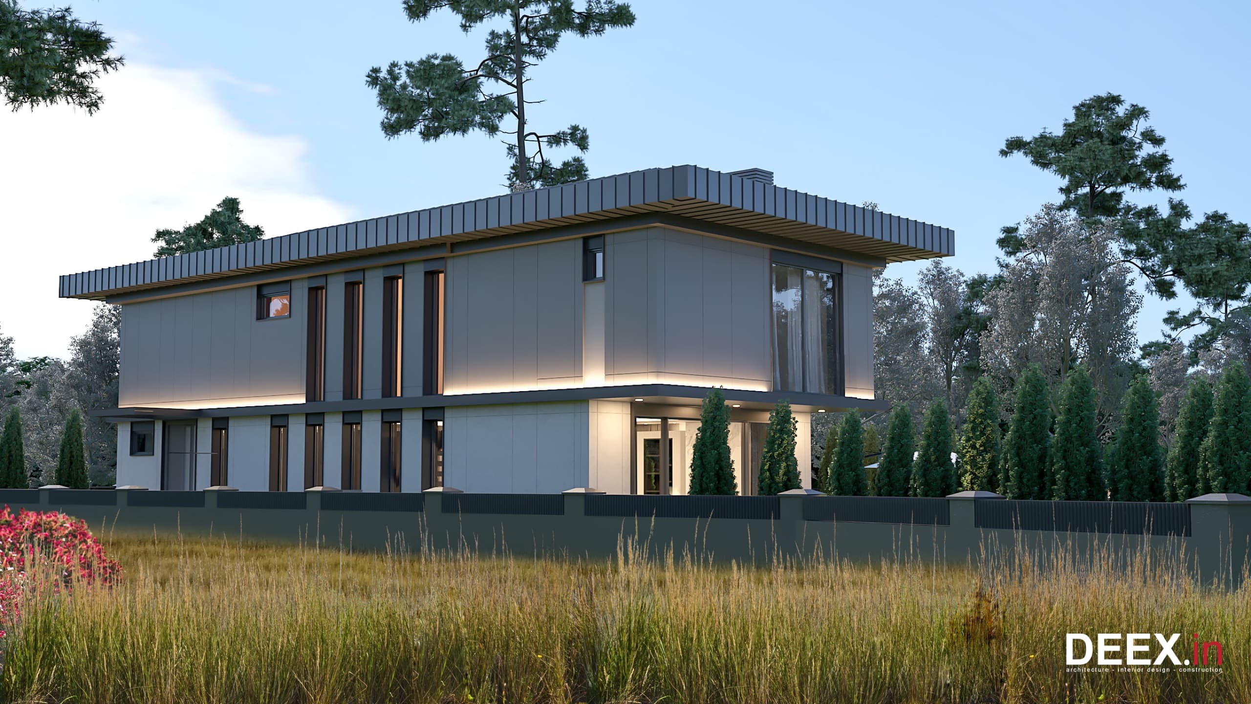 Garden facade with floor-to-ceiling glazing and protective overhang