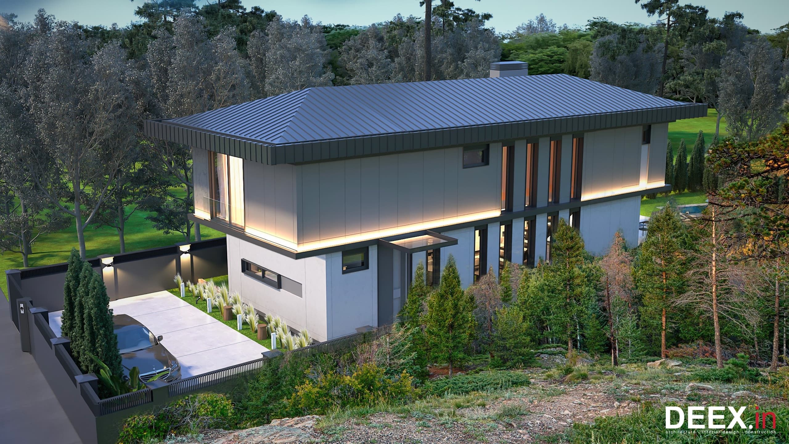 Aerial render showing villa within manicured garden plot
