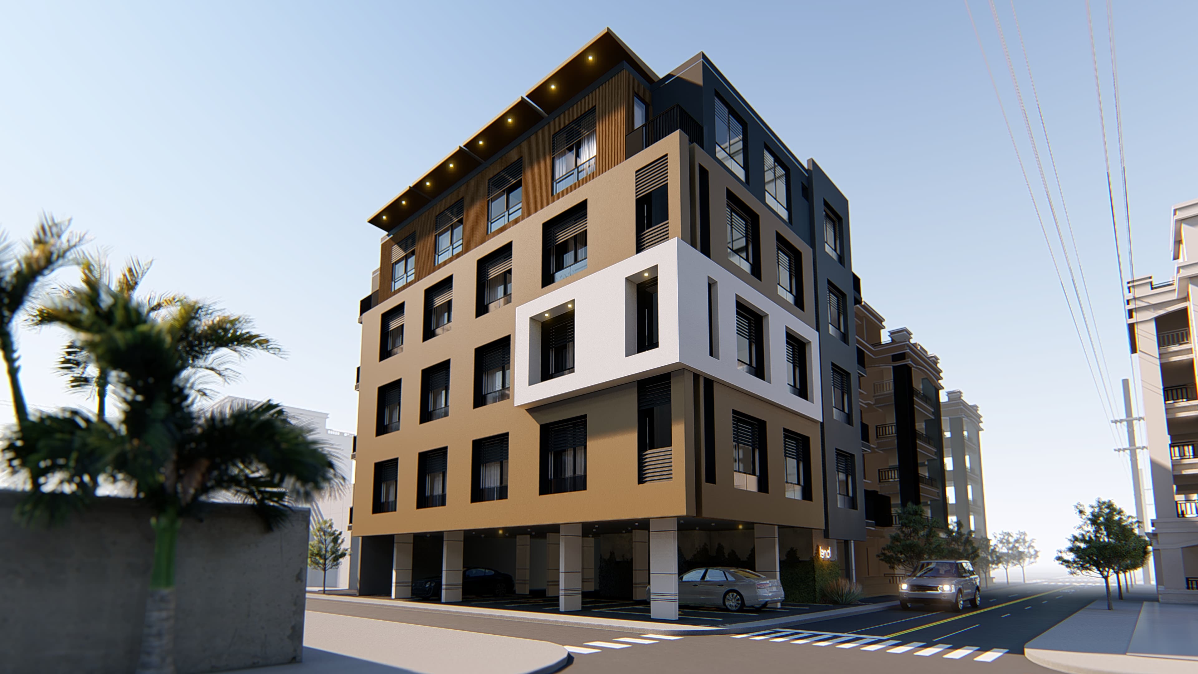 Corner perspective of apartment building with dark and warm-toned facade panels