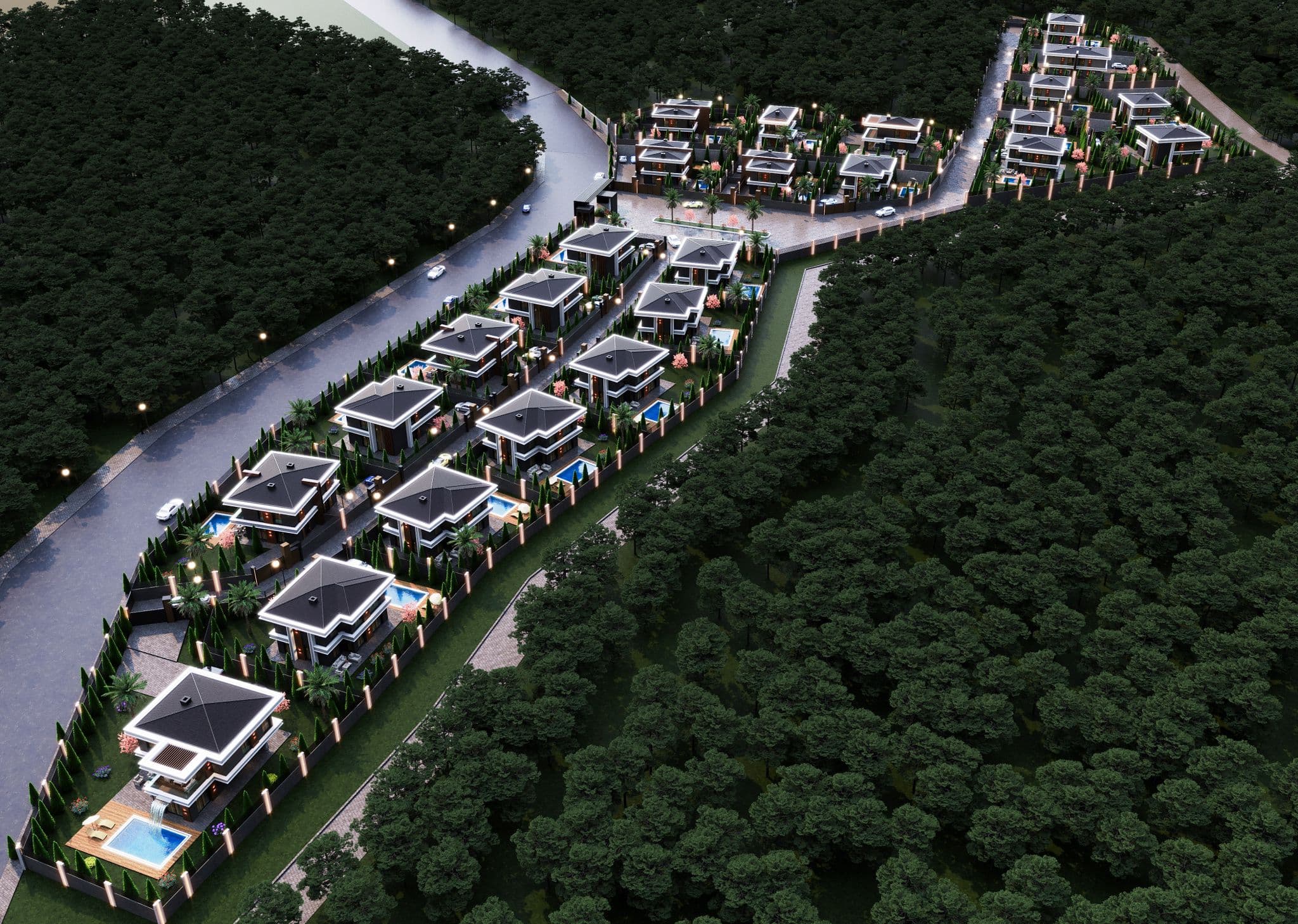 Bird's-eye view of modern villas with pools along a curved road in forest