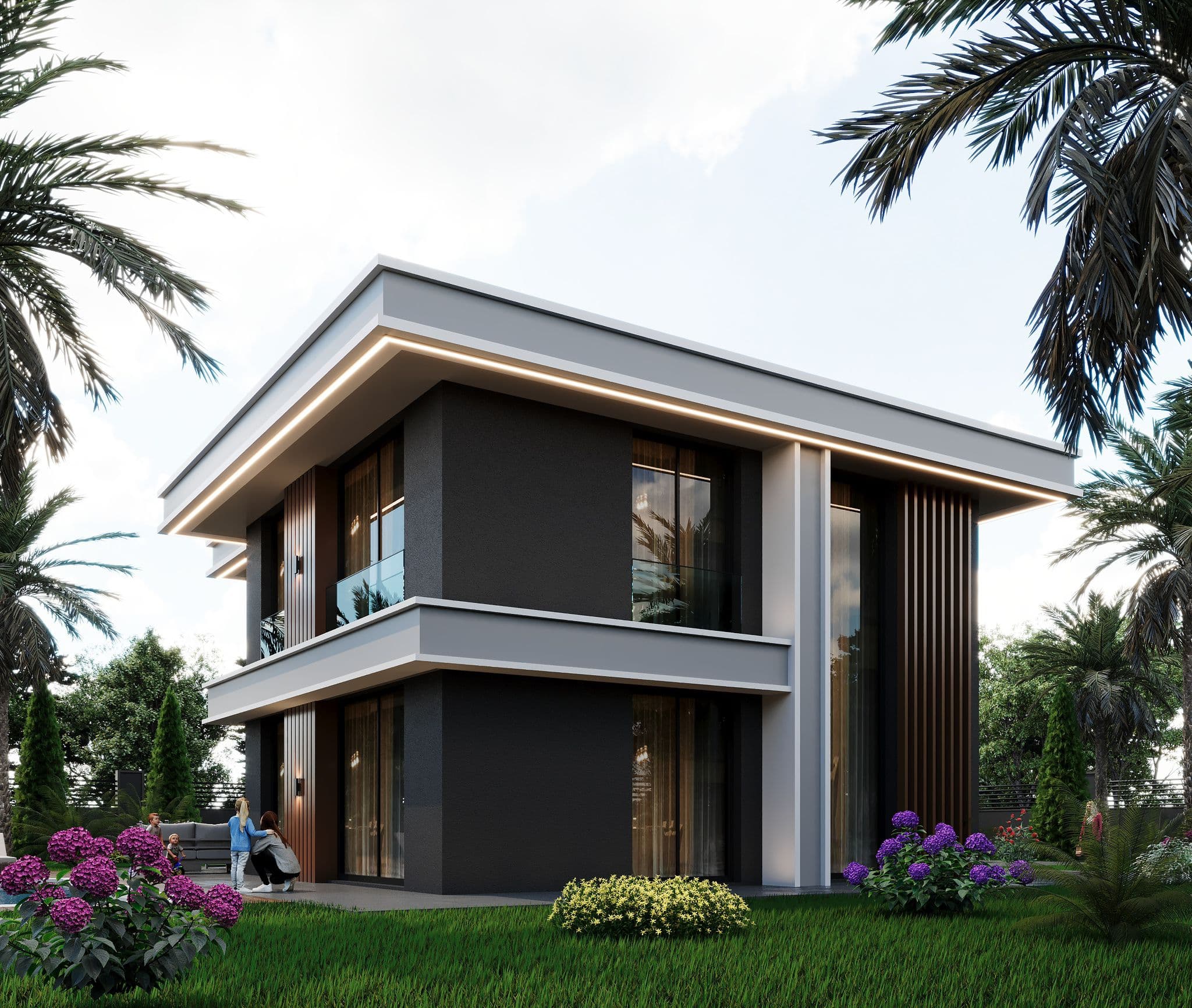 Side view of villa with asymmetric roofline, timber accents, and flower beds