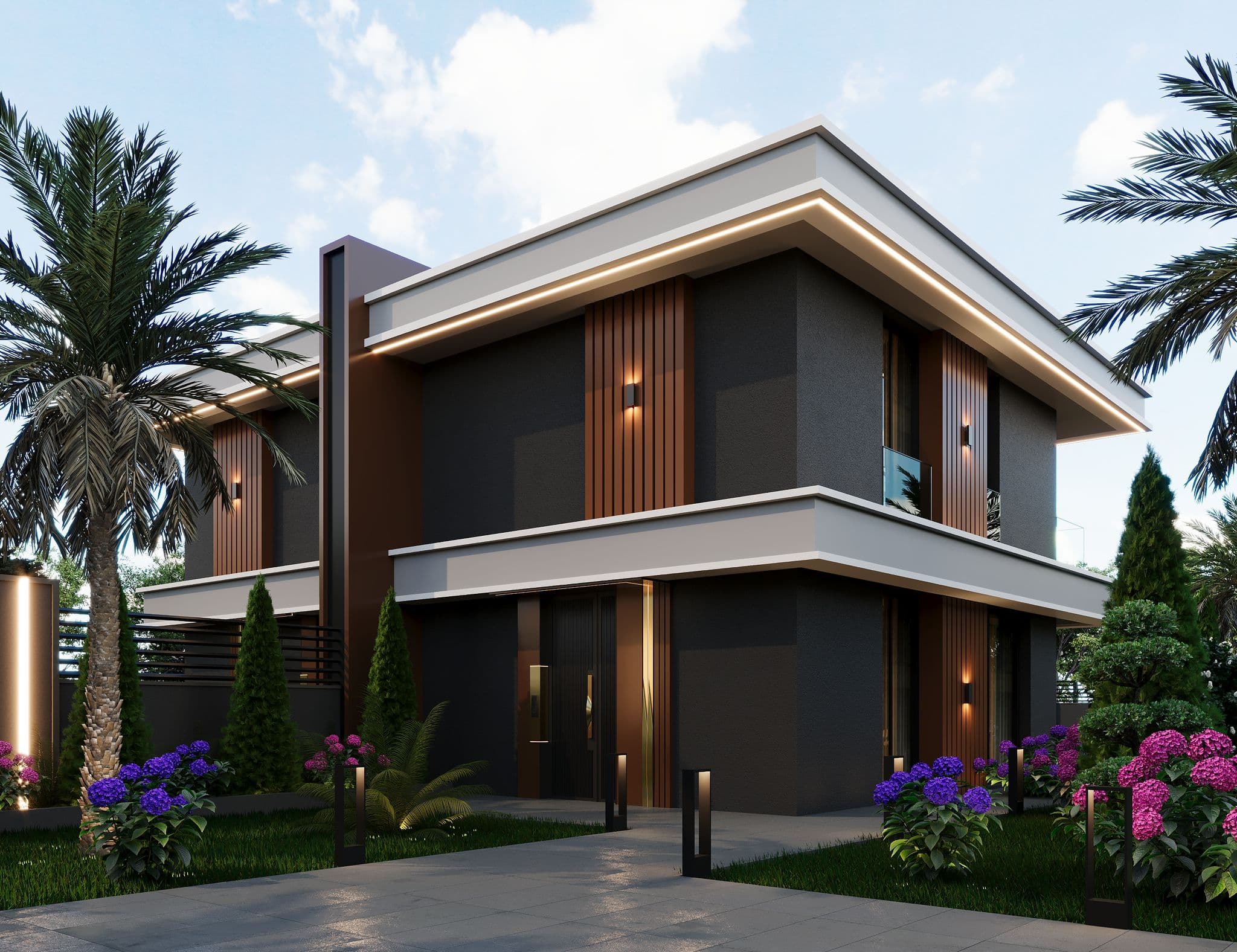 Two-story villa with wood and dark cladding, angled roofline, and gardens