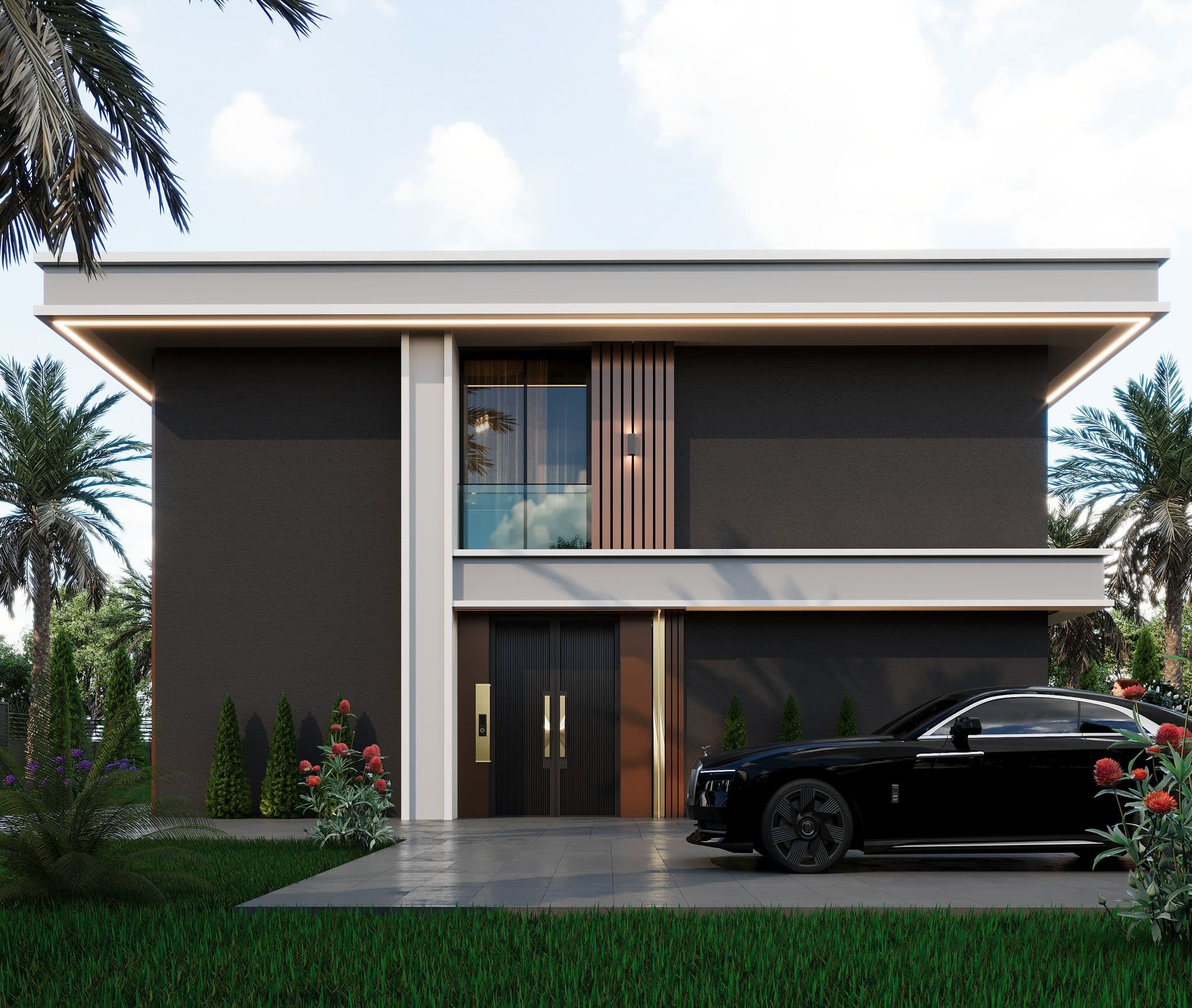 Symmetrical villa entrance with tall timber-clad door and car in driveway