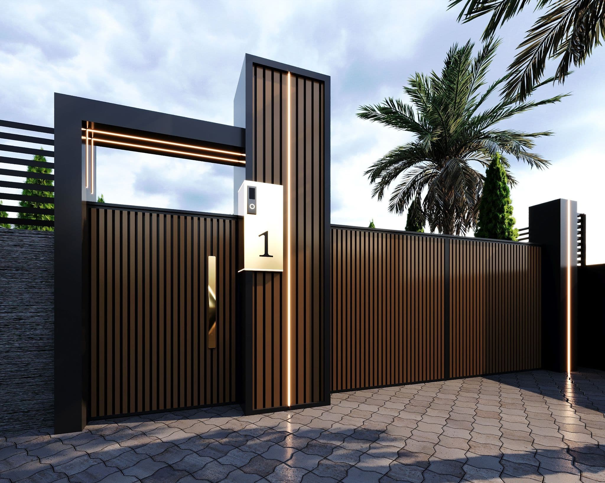 Modern gate entrance with vertical timber slats, LED strips, and number one