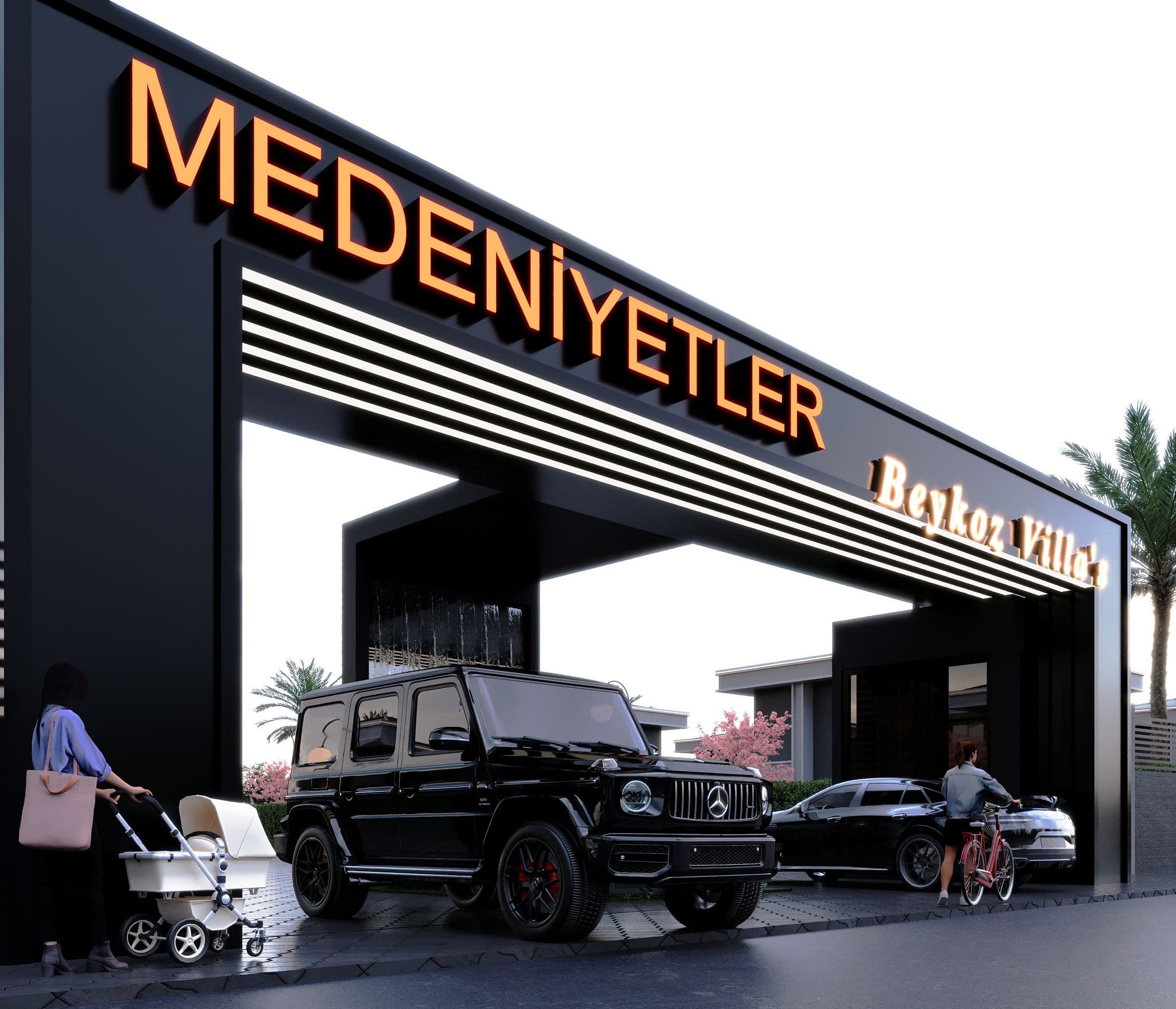 Grand entry canopy with illuminated Medeniyetler sign and luxury vehicles