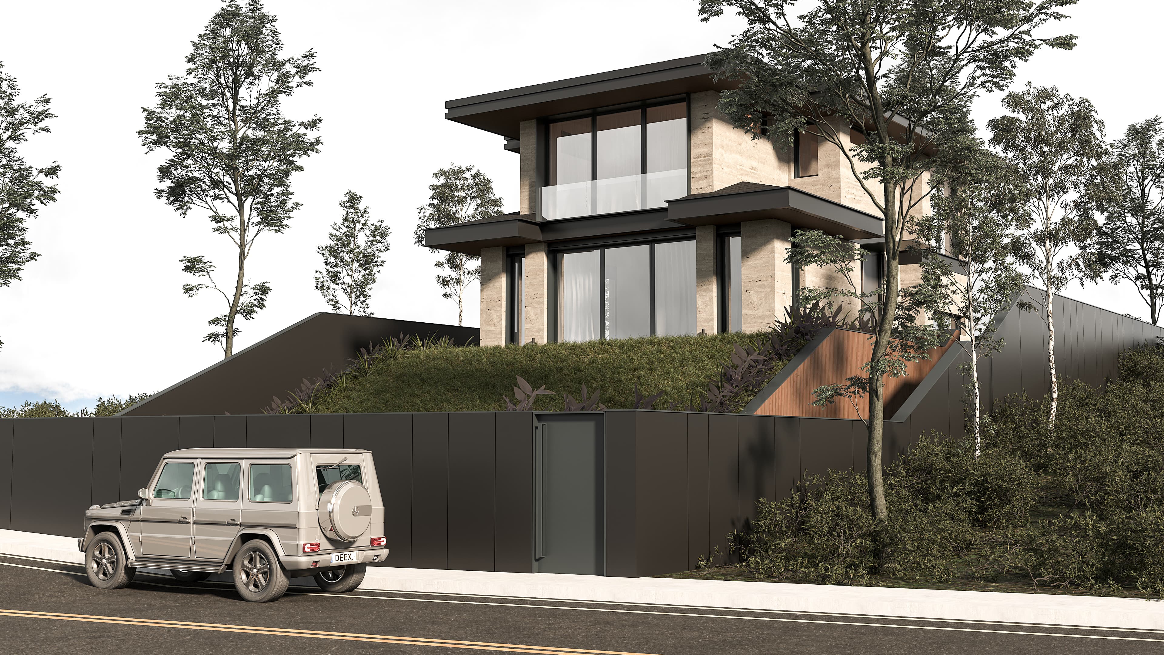 Street view of stone and render house elevated on landscaped slope