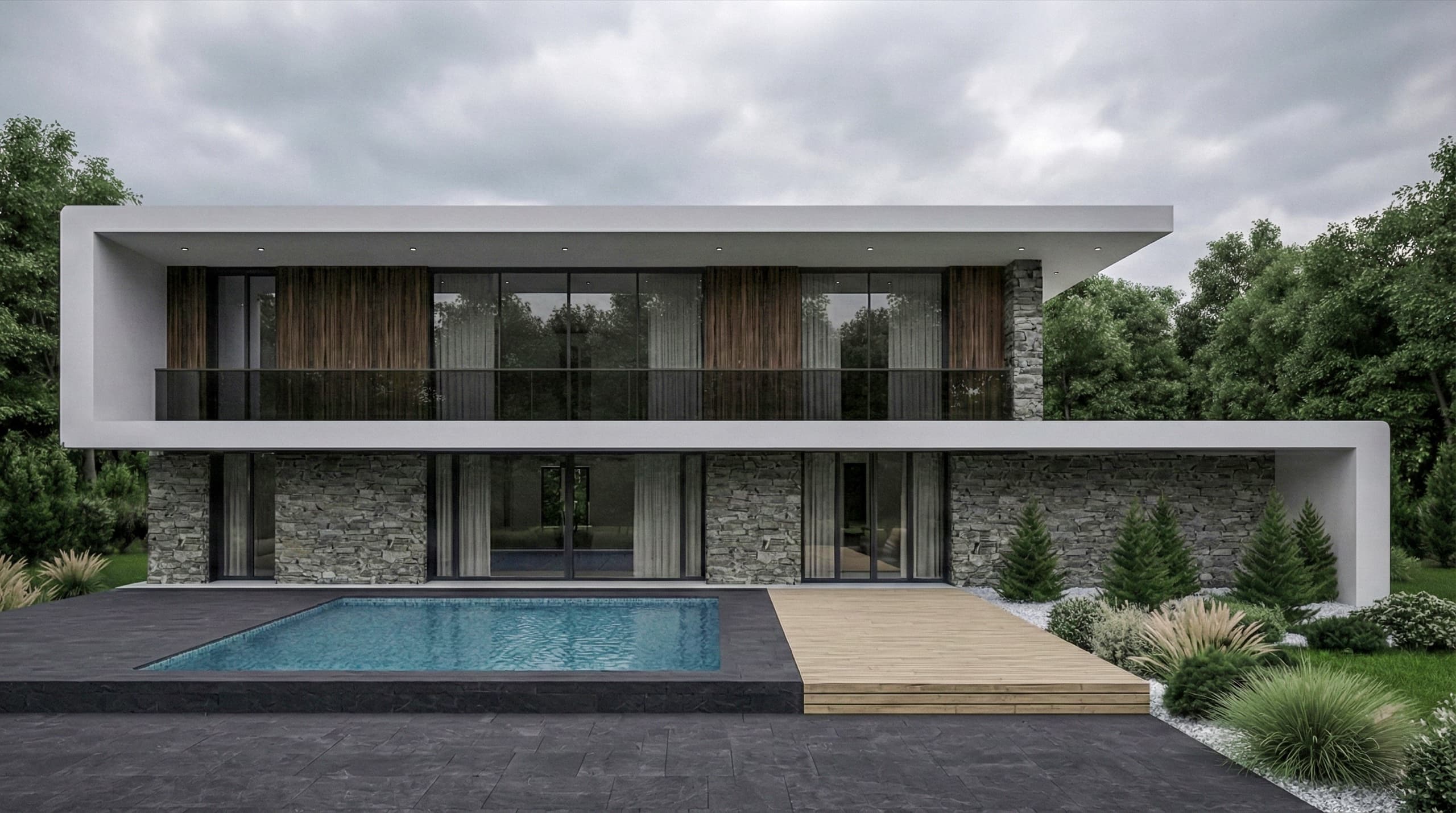 Side elevation of villa showing terrace and large operable windows
