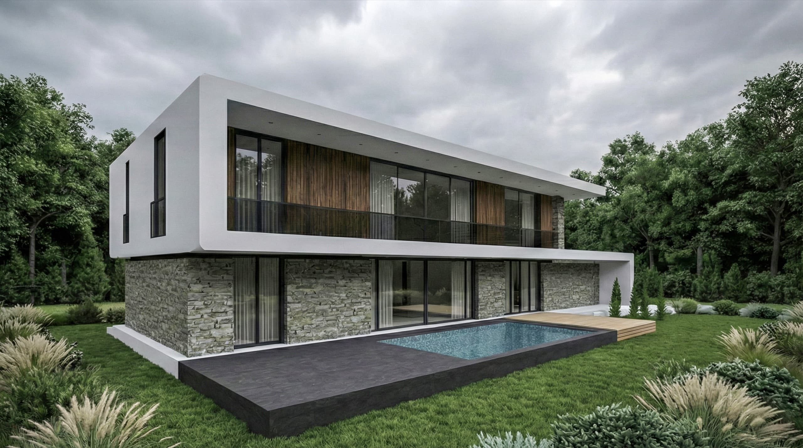 Front entrance with garage and integrated landscaping