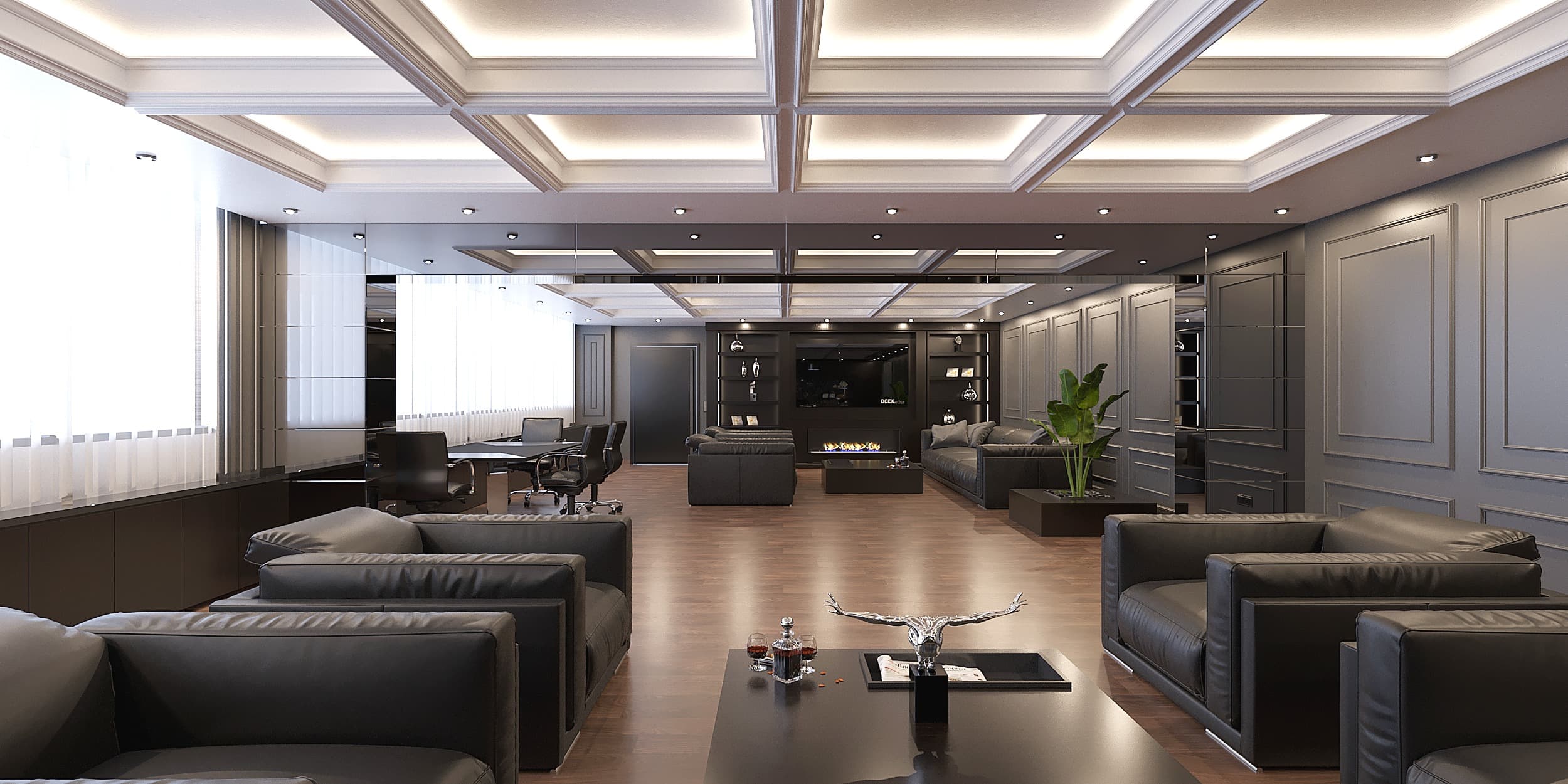 Office reverse view showing desk, fireplace and meeting area