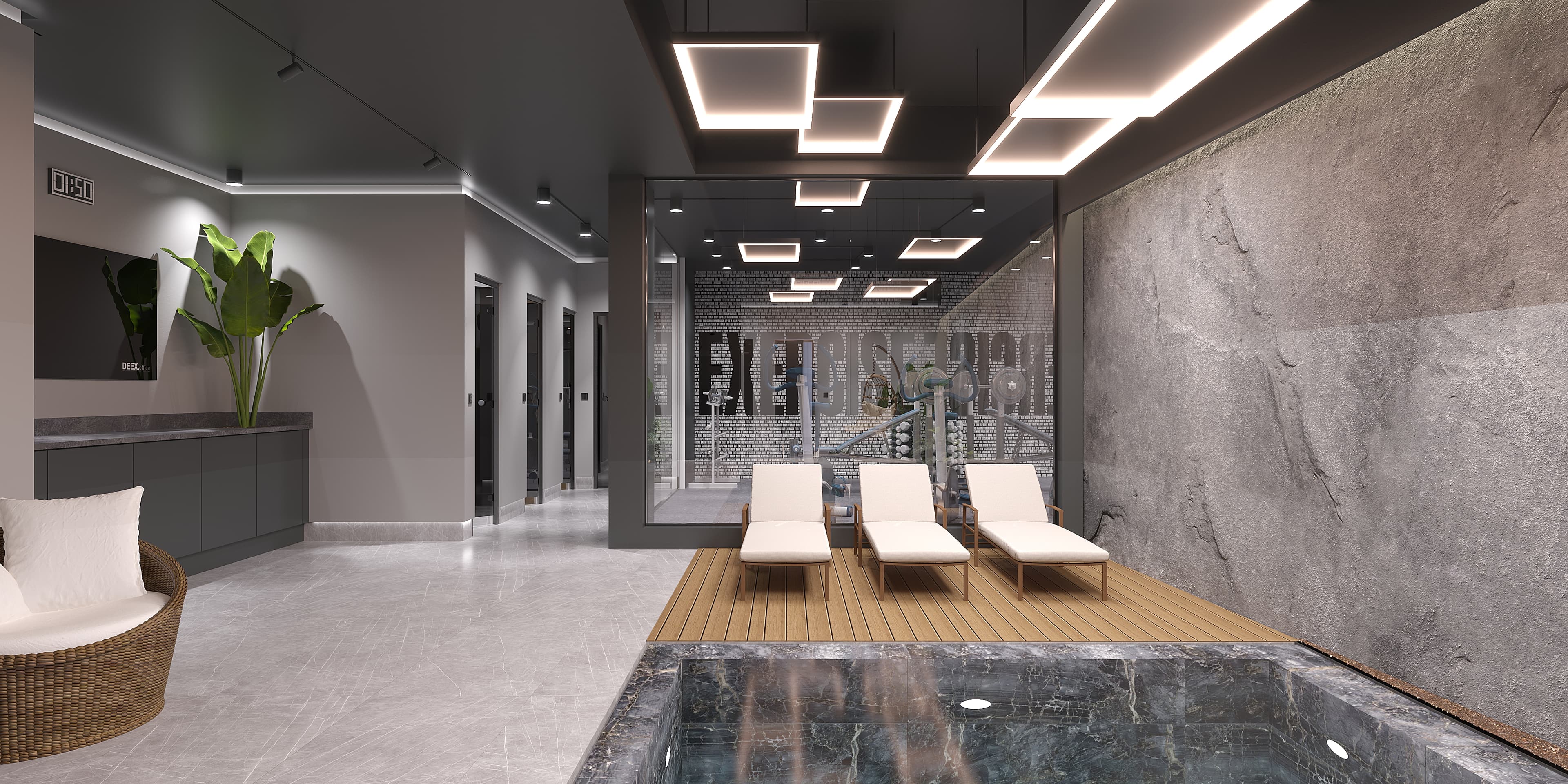 Indoor pool and spa area with loungers and gym visible through glass