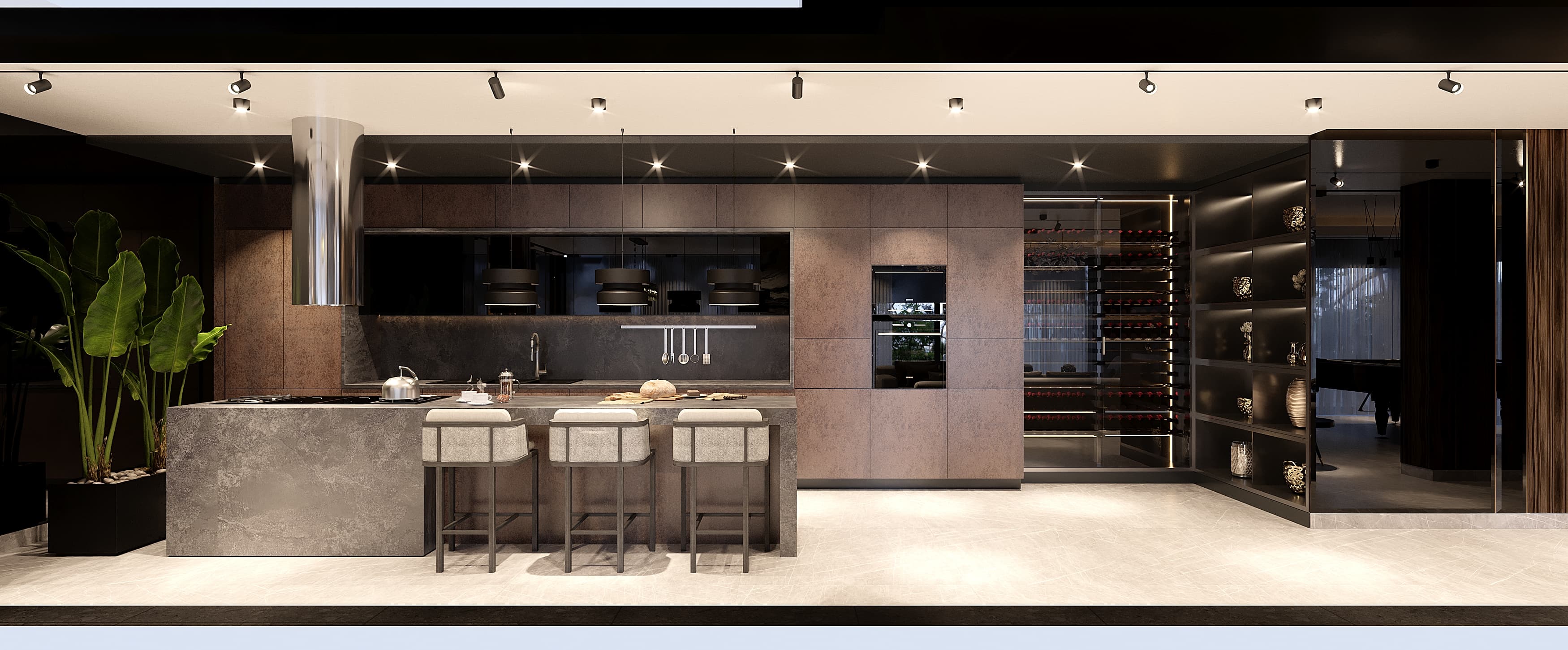 Wide kitchen view with wine storage and display shelves