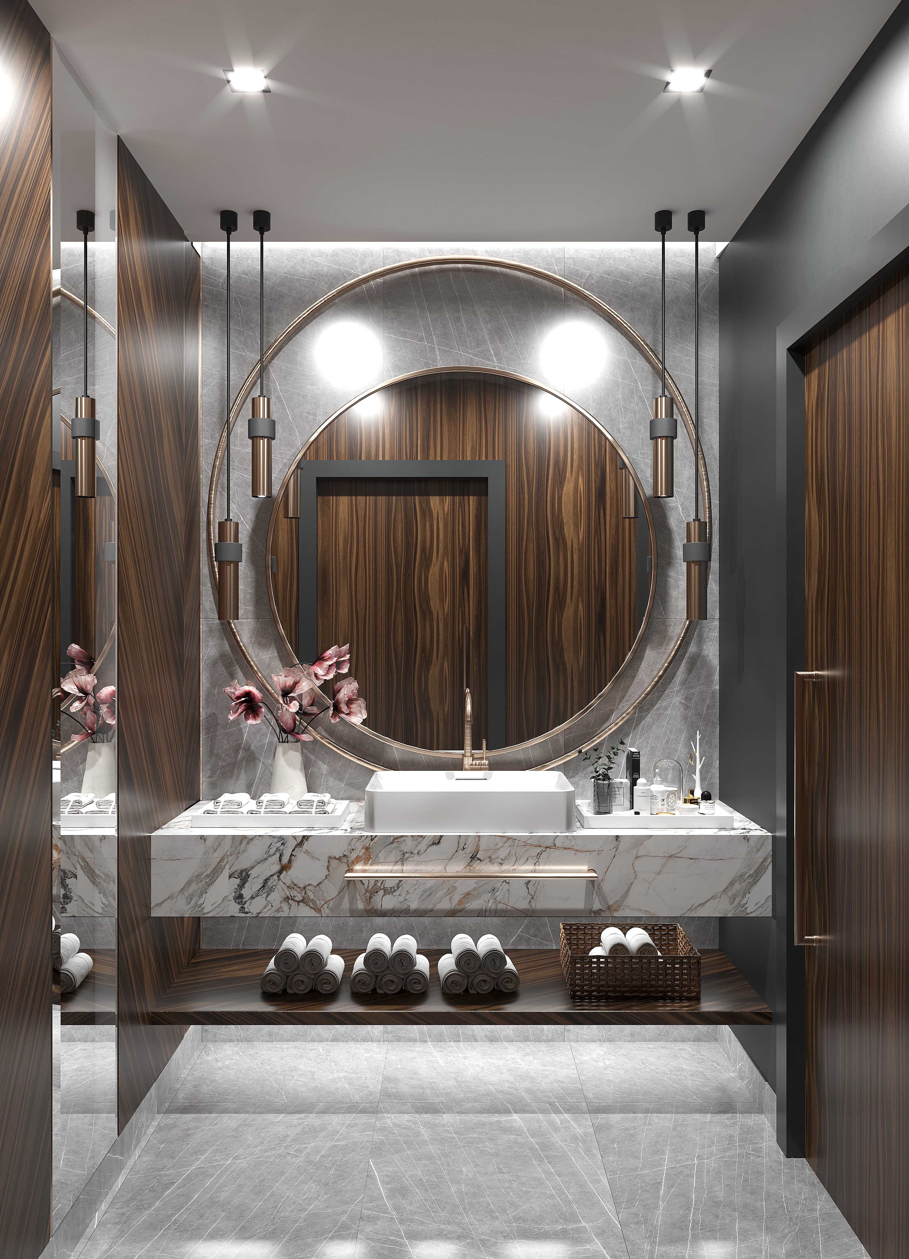 Bathroom vanity with cherry blossom arrangement and round mirror