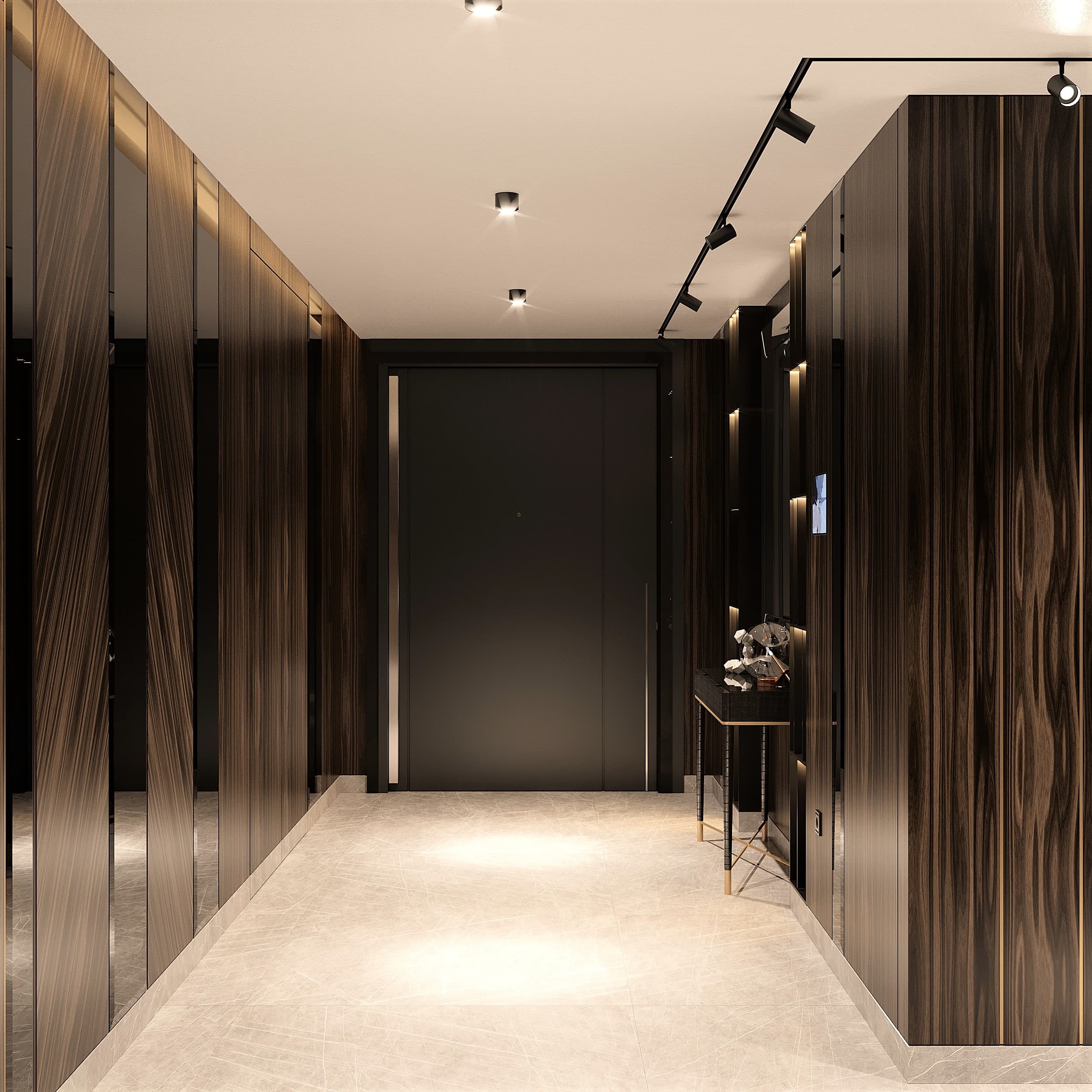 Hallway with exotic wood panelling, mirrored surfaces and sculpture