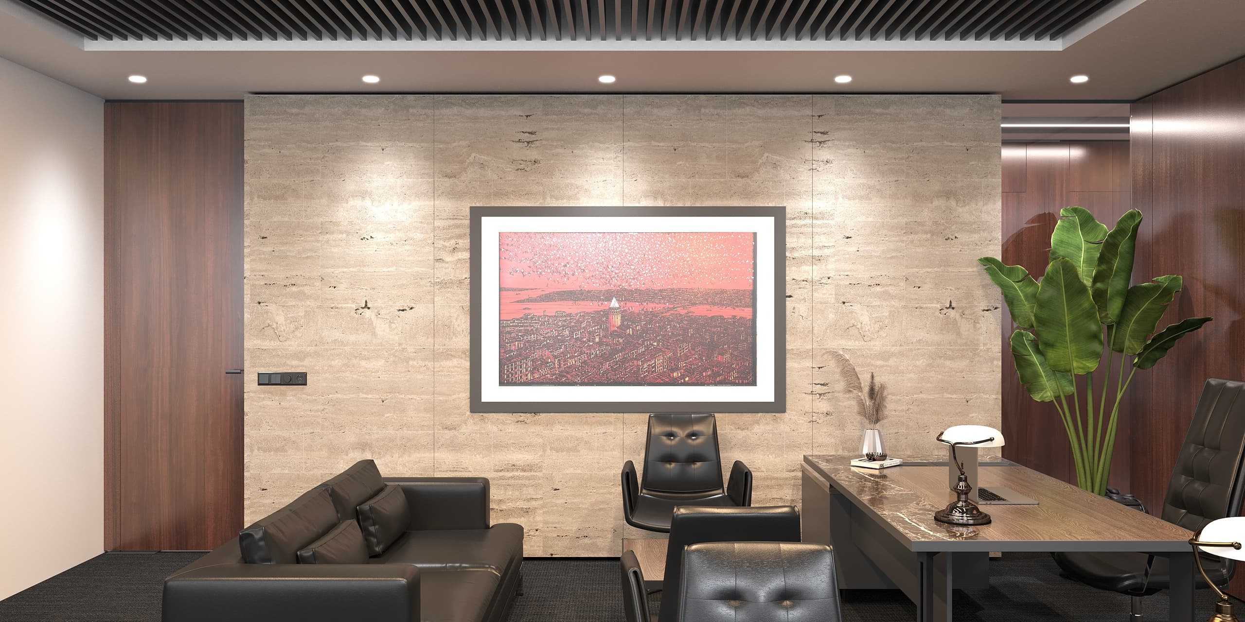 Conference table with leather chairs and city view