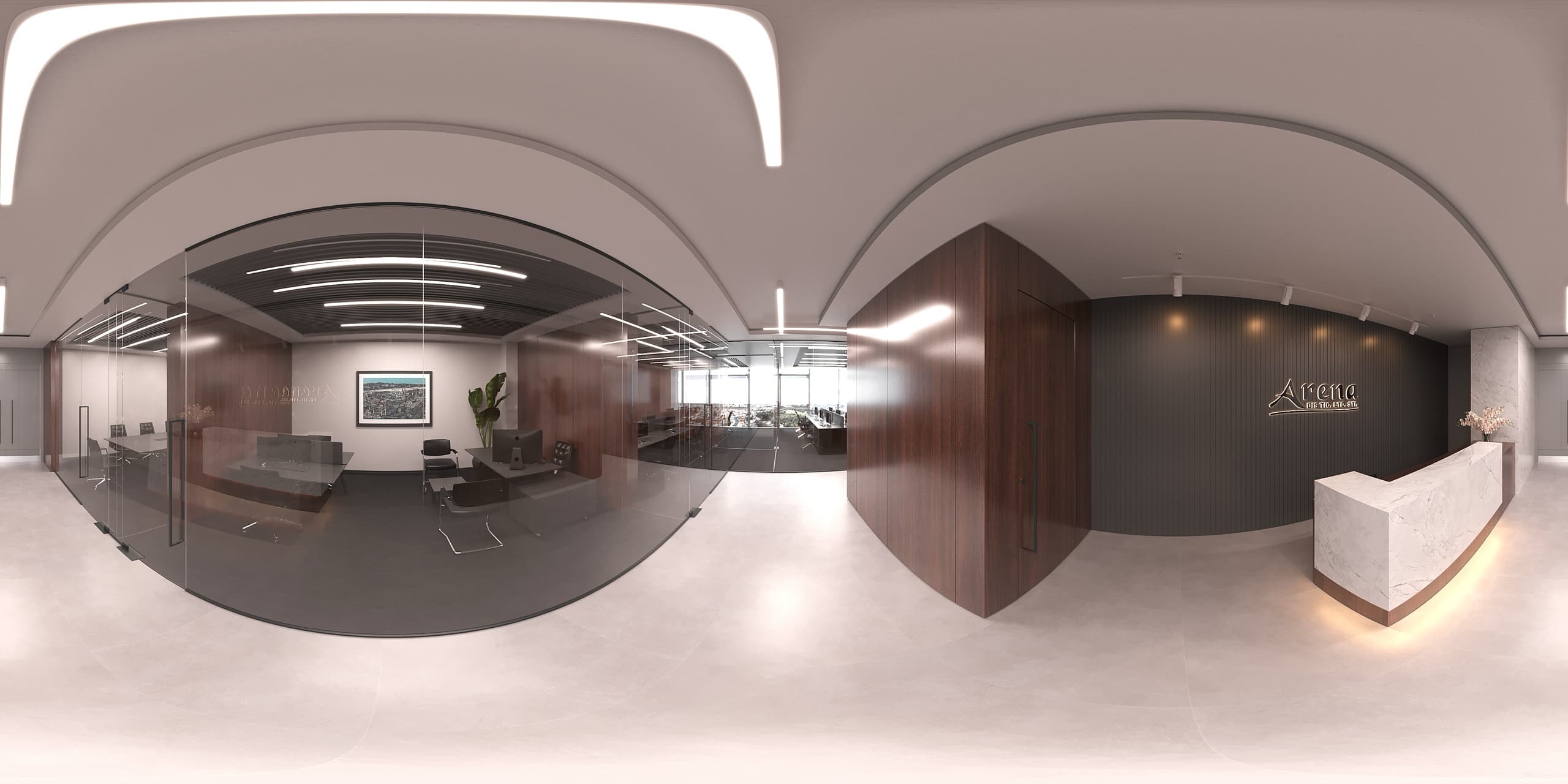Curved central lounge anchoring the office plan