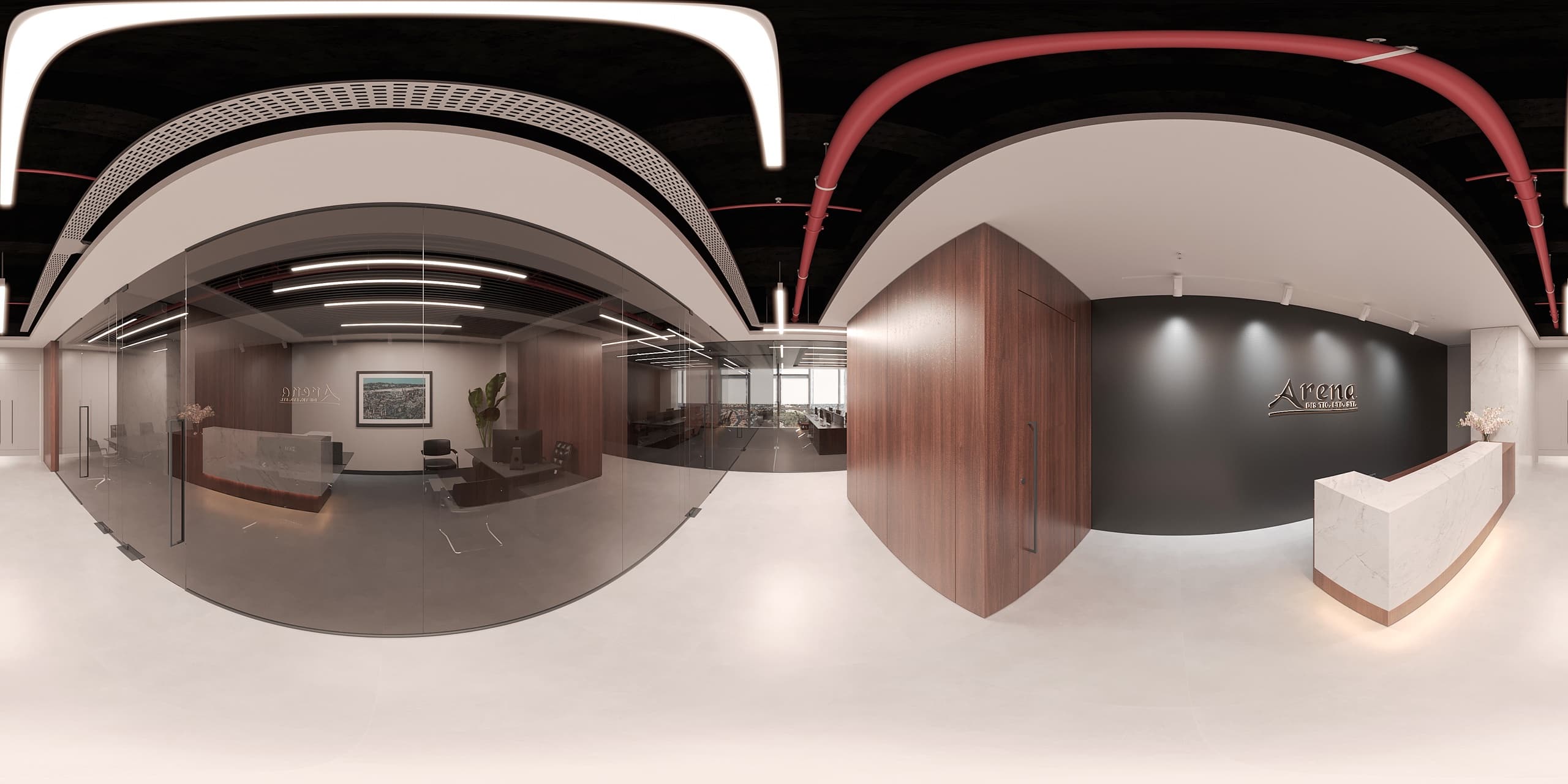Walnut feature wall framing the executive desk