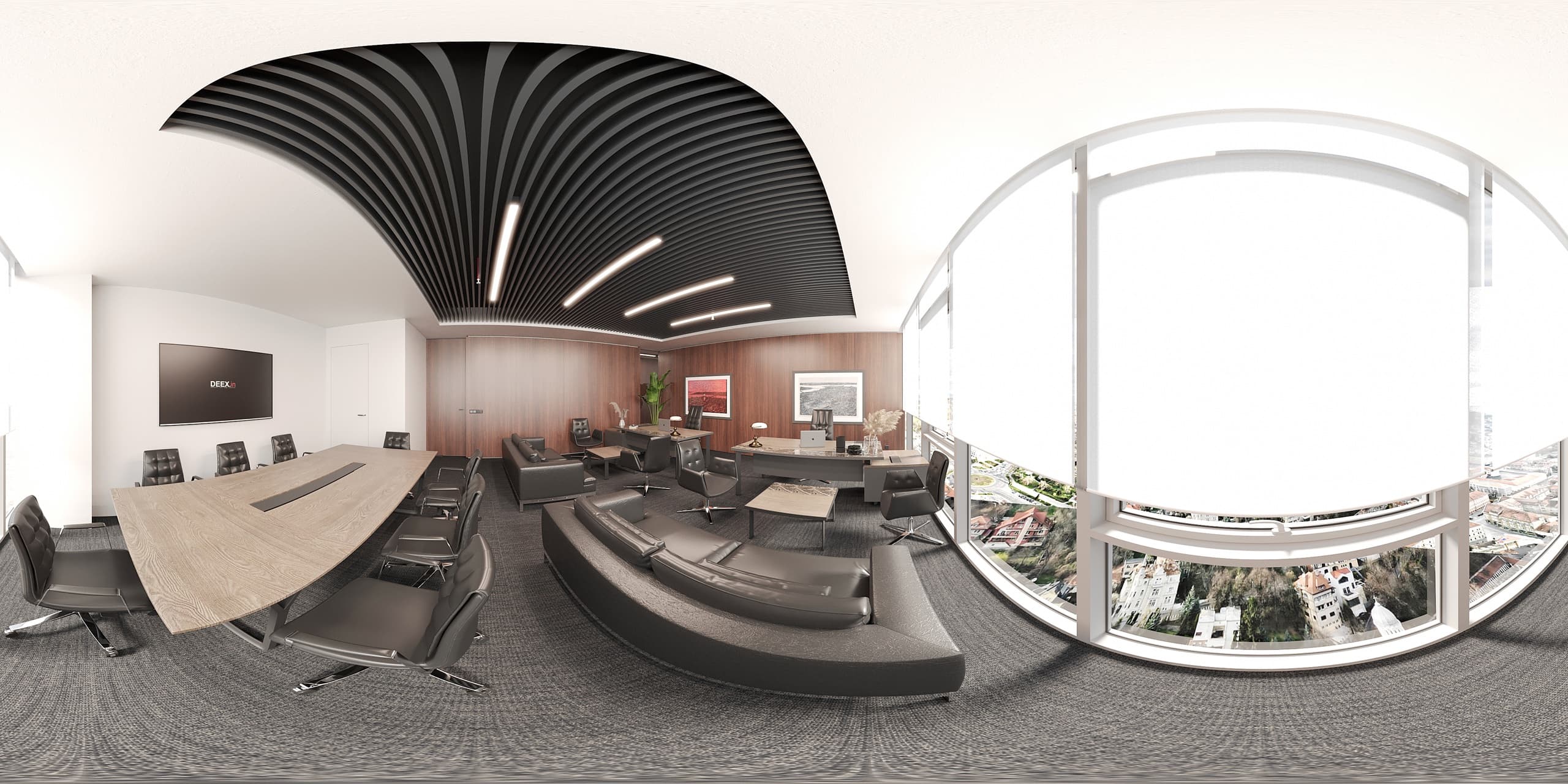 Ceiling treatment with linear LED slats above the workspace