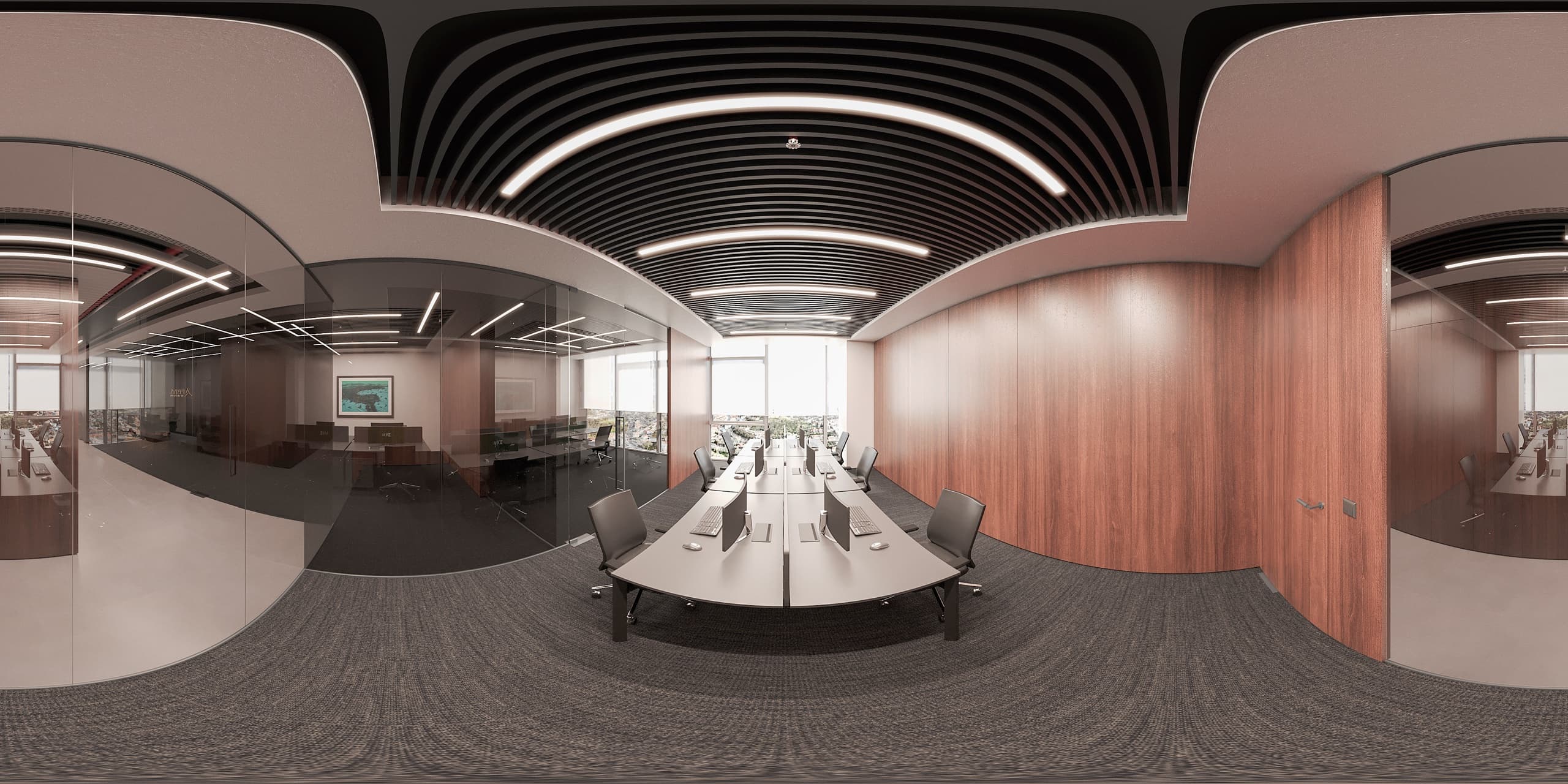 Executive desk with panoramic glazing behind
