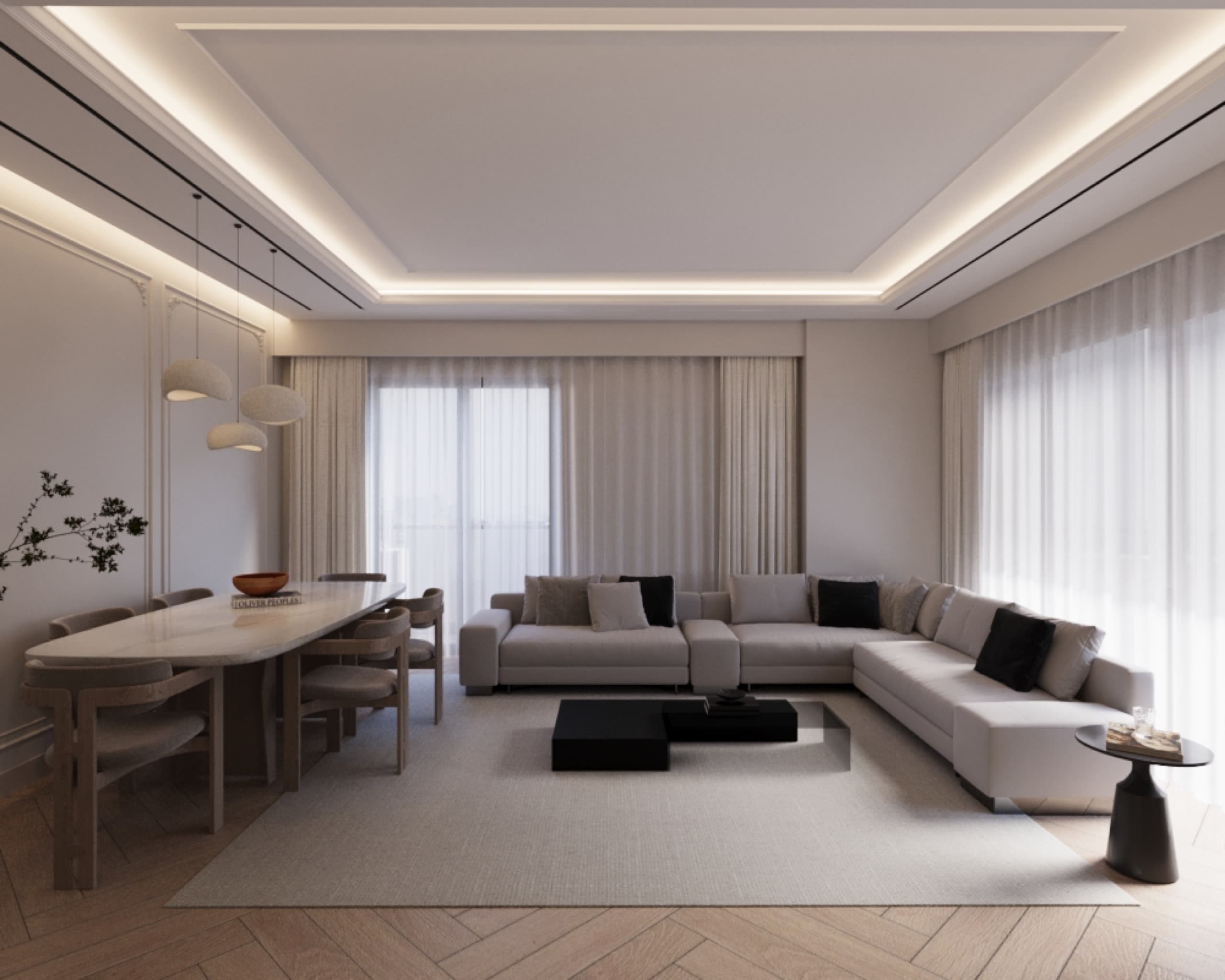 Dining area with pendant cluster and upholstered chairs