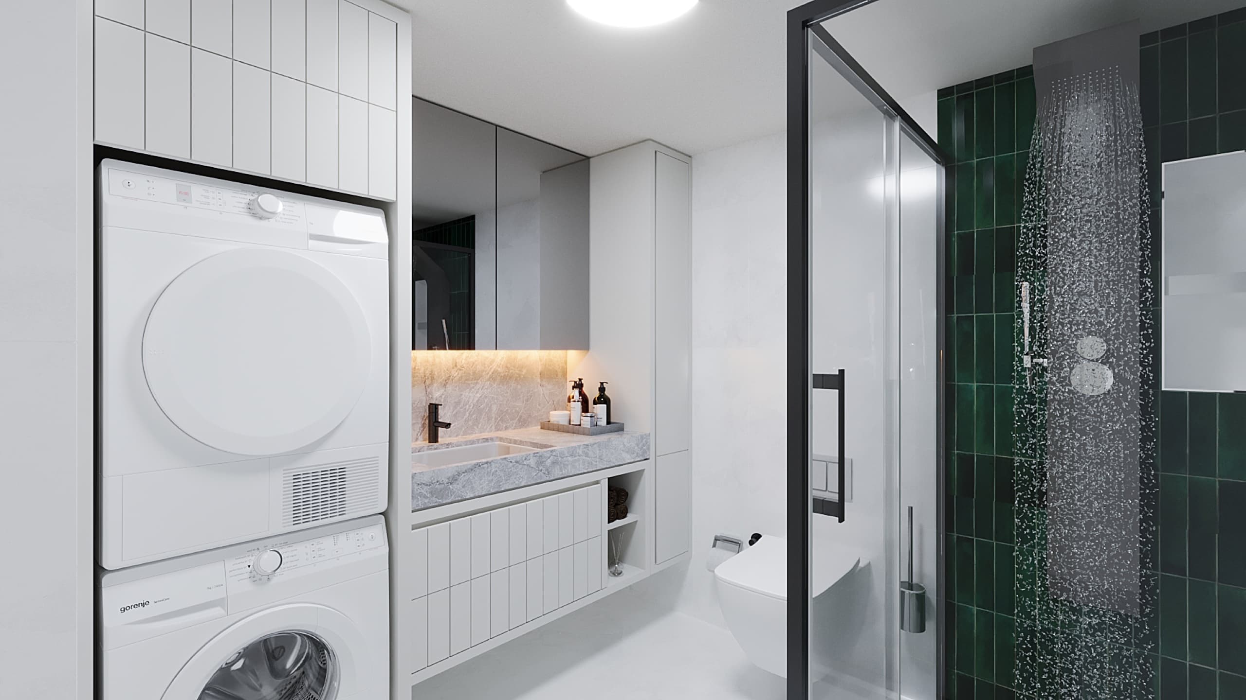 Hallway with concealed storage and accent lighting