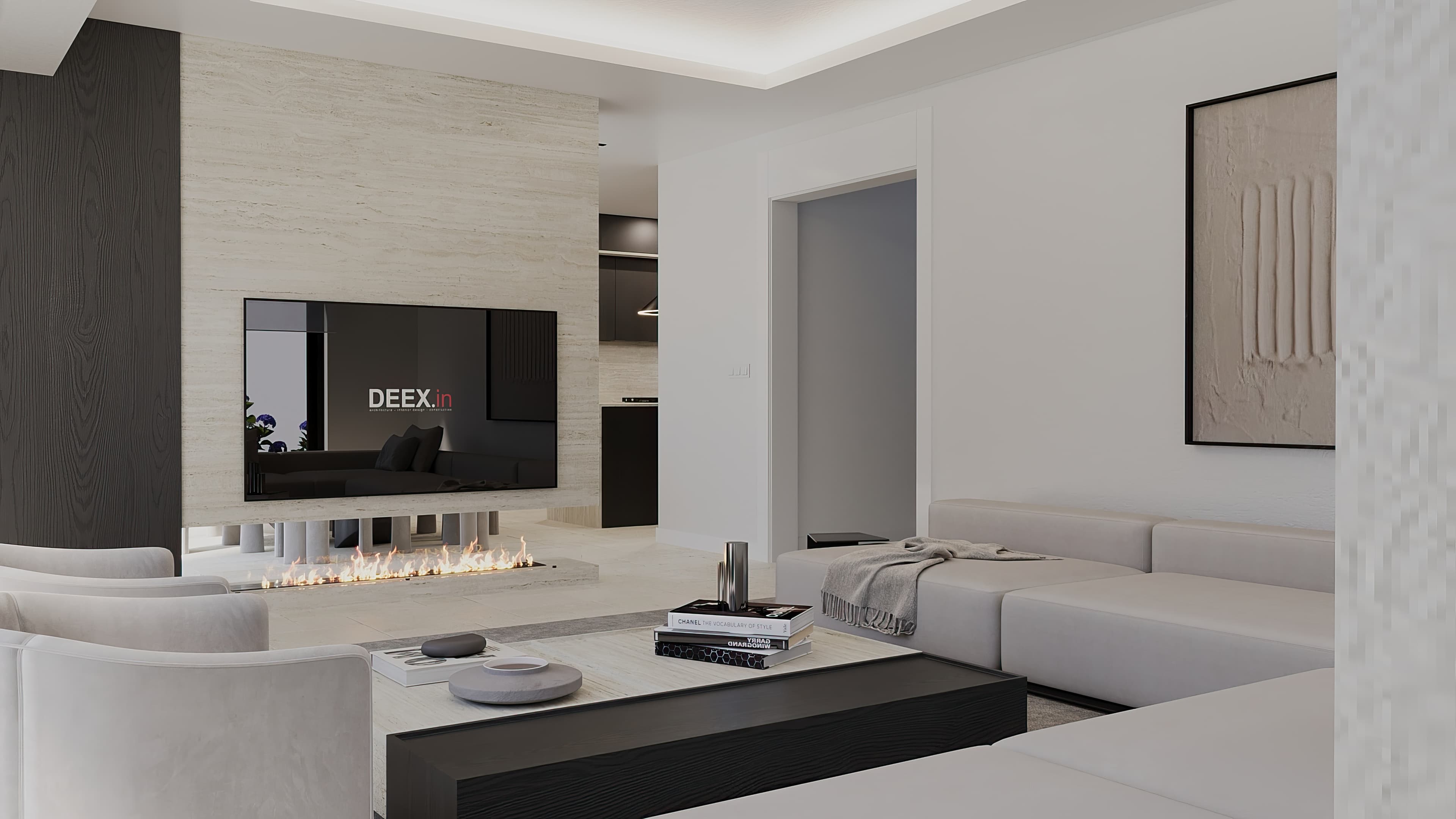 Reverse angle of living room with travertine fireplace wall and seating