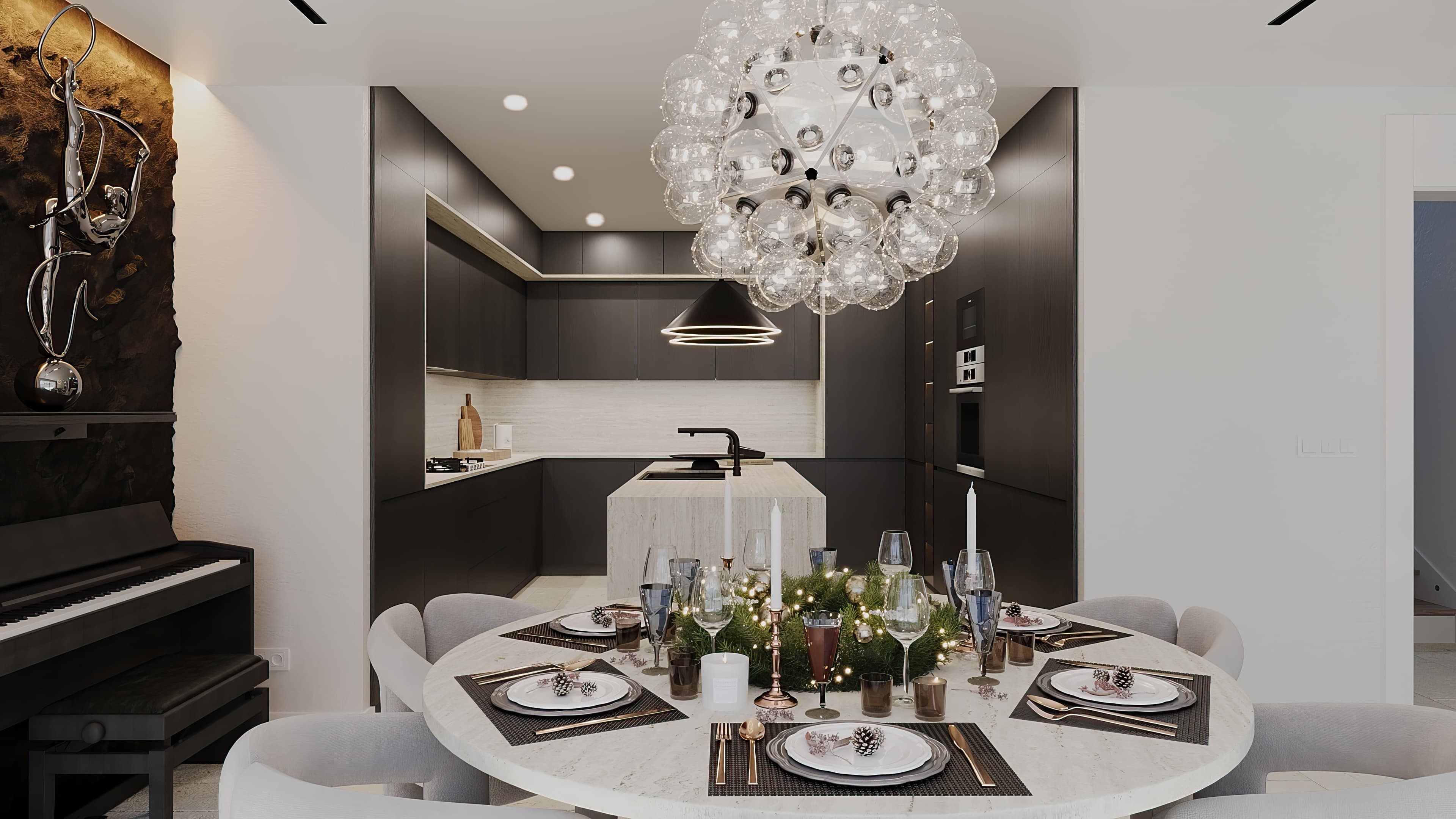 Dining and kitchen view with bubble chandelier and dark cabinetry