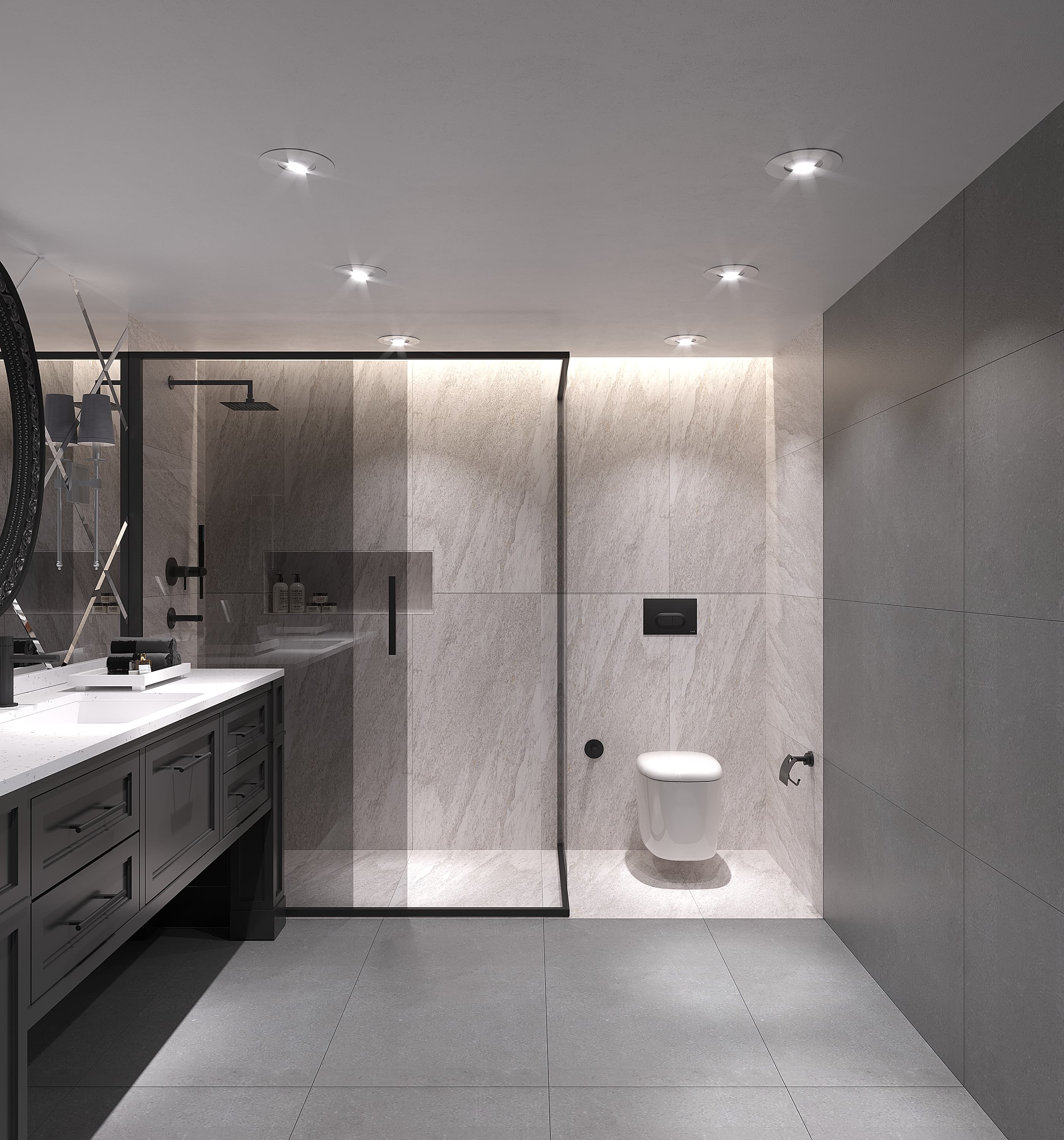 Modern bathroom with glass shower enclosure and grey stone tiles