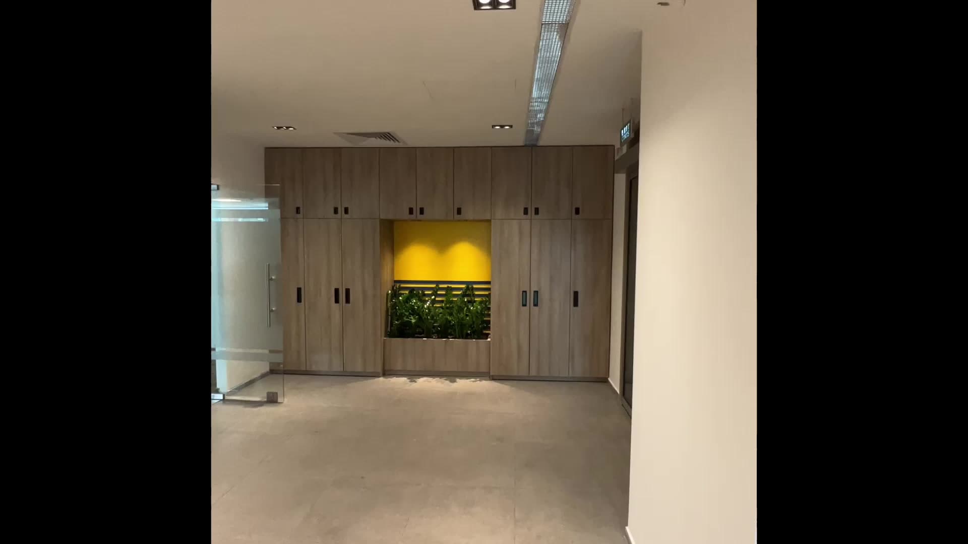 Depolama özellikli duvar, yeşil bir vurgu ve yön bulma referansı olarak çift işlev görüyor.