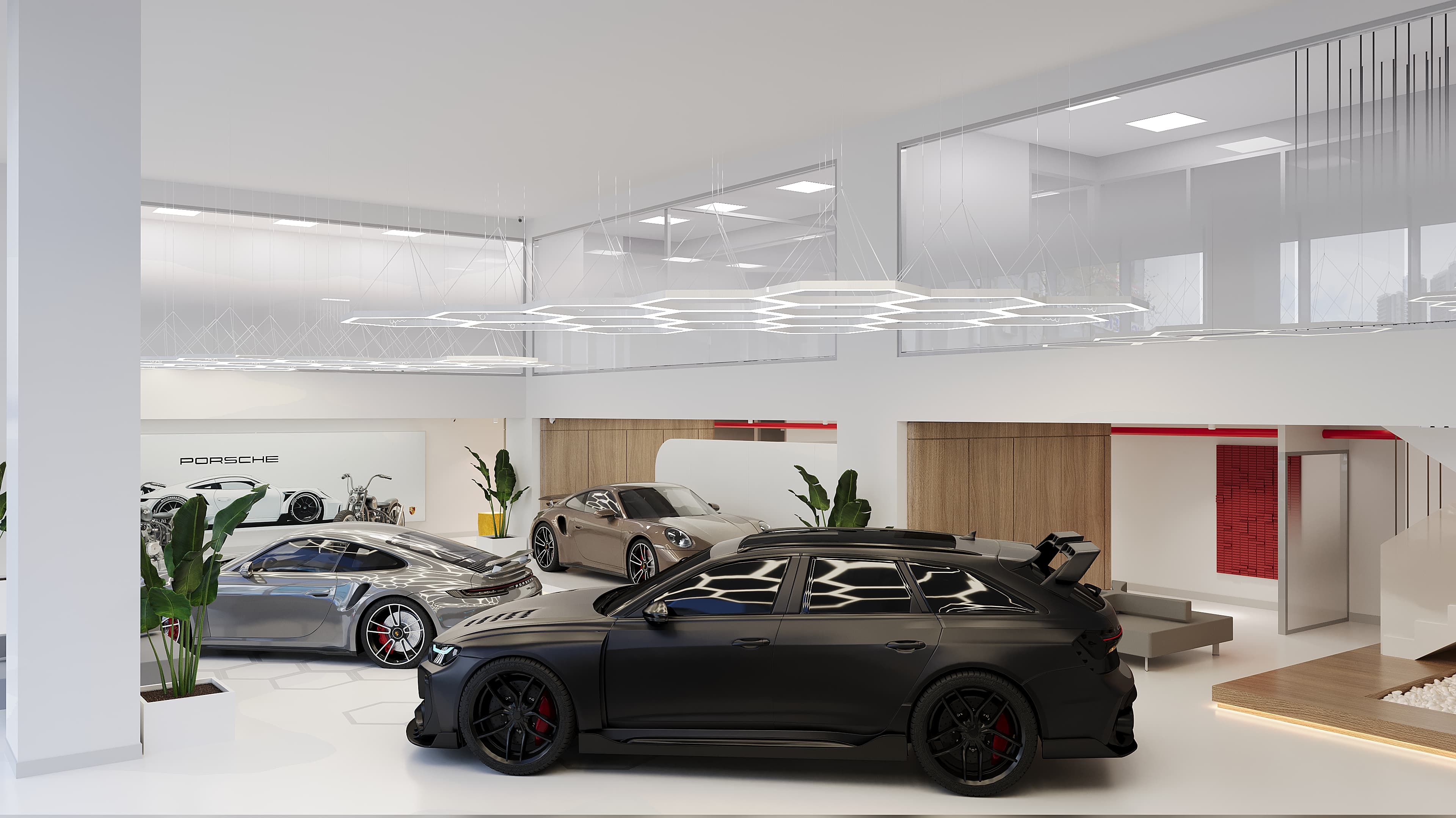 Showroom floor with multiple luxury cars under hexagonal lights