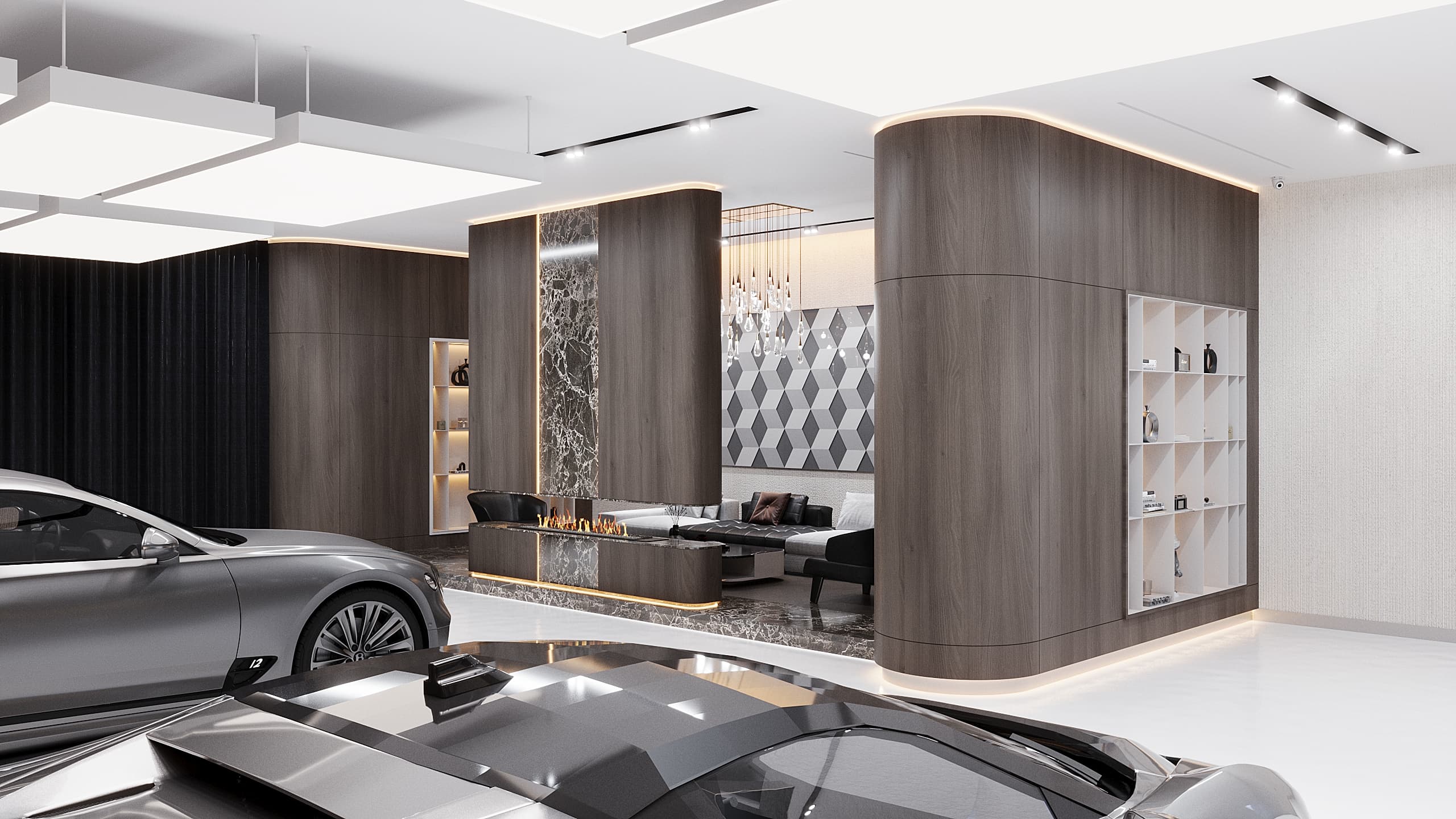 Lounge area with marble fireplace and walnut wall panels