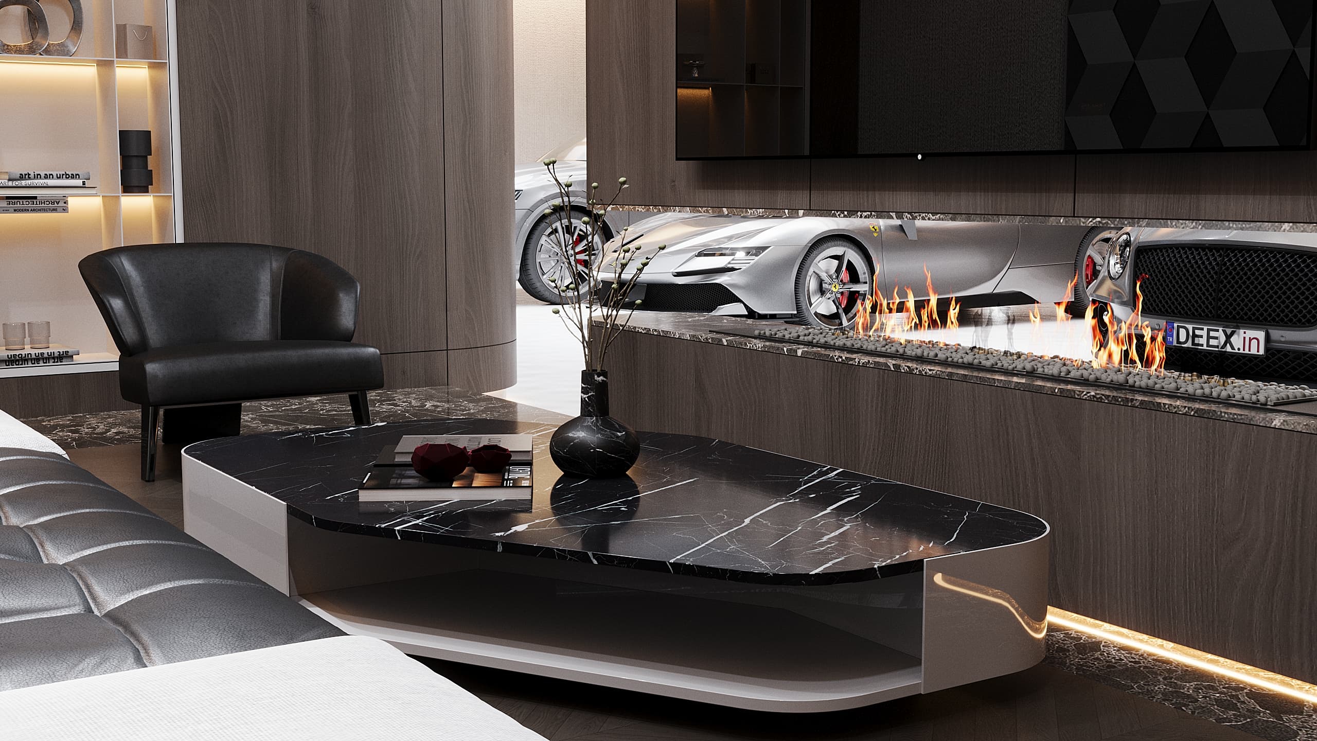 Marble coffee table and fireplace with car visible through glass