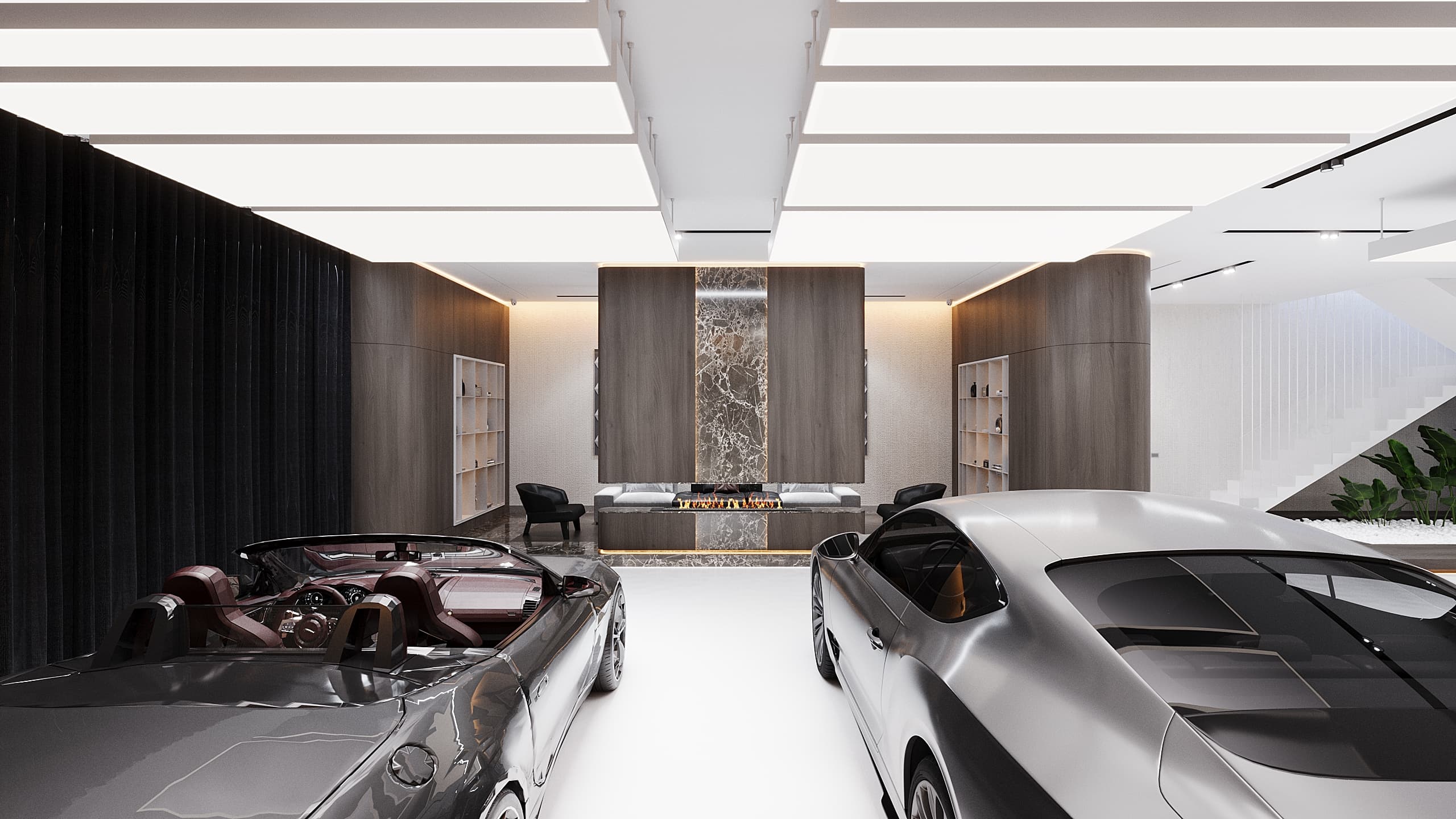 Wide lounge view with marble fireplace feature wall between cars