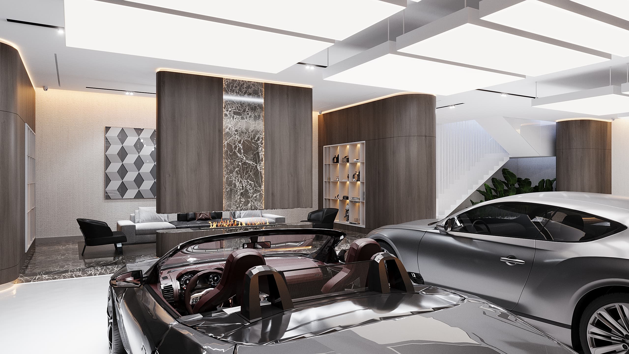 Lounge seating with convertible and coupe visible on either side