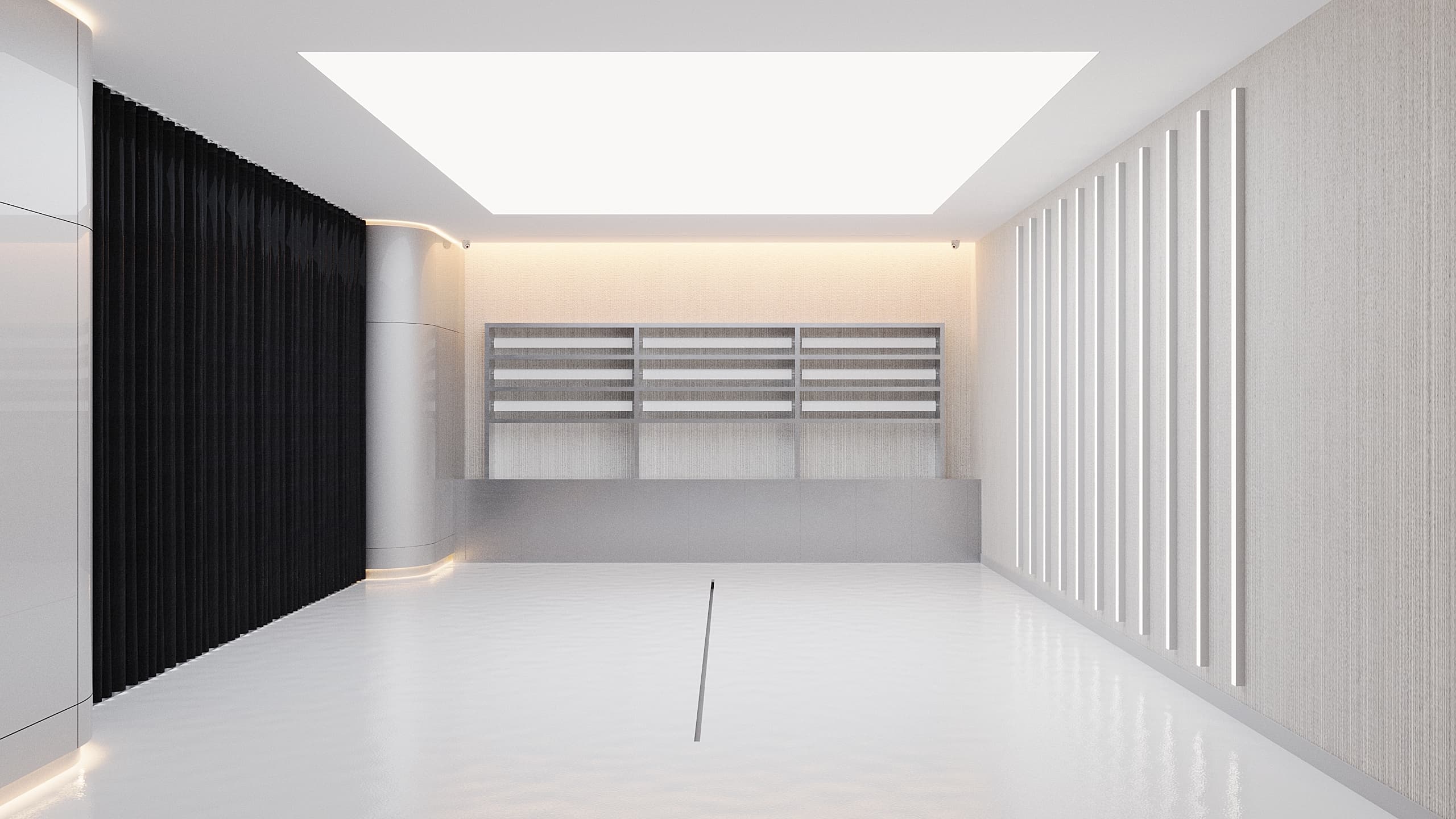 Service workshop area with tool shelving and linear lights