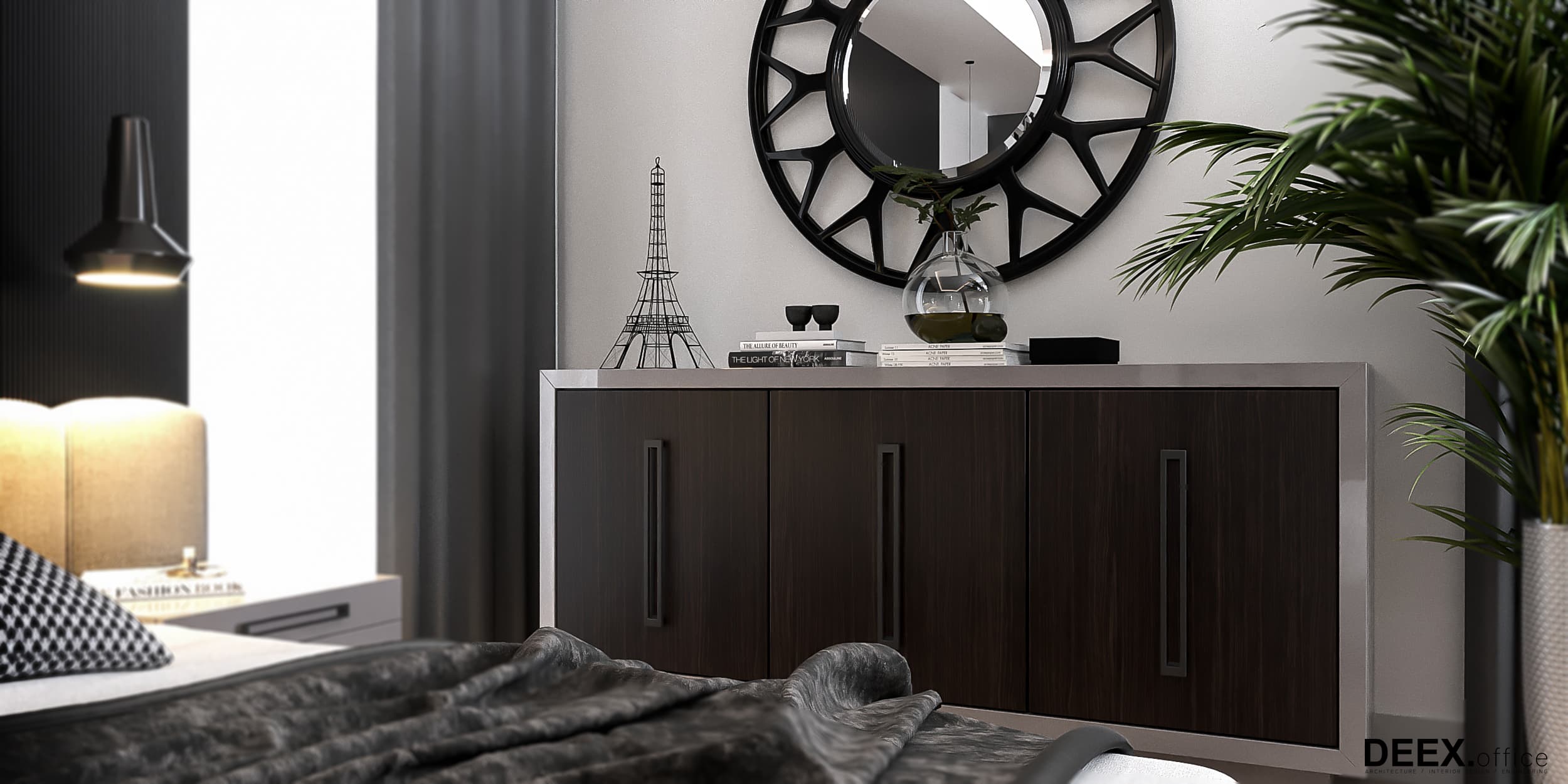 Bedroom dresser with decorative mirror and Eiffel Tower ornament