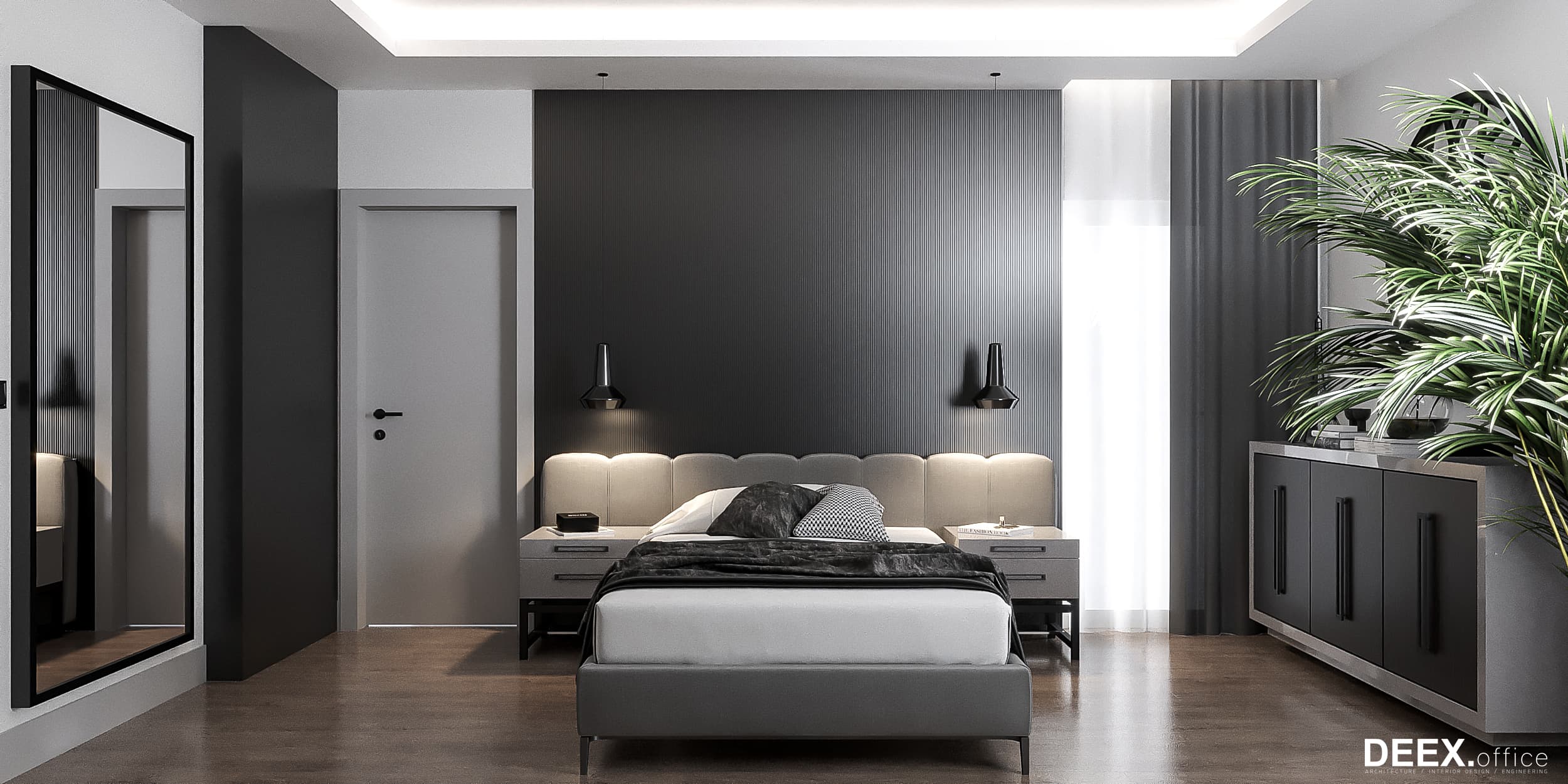 Modern bedroom with dark accent wall and upholstered headboard