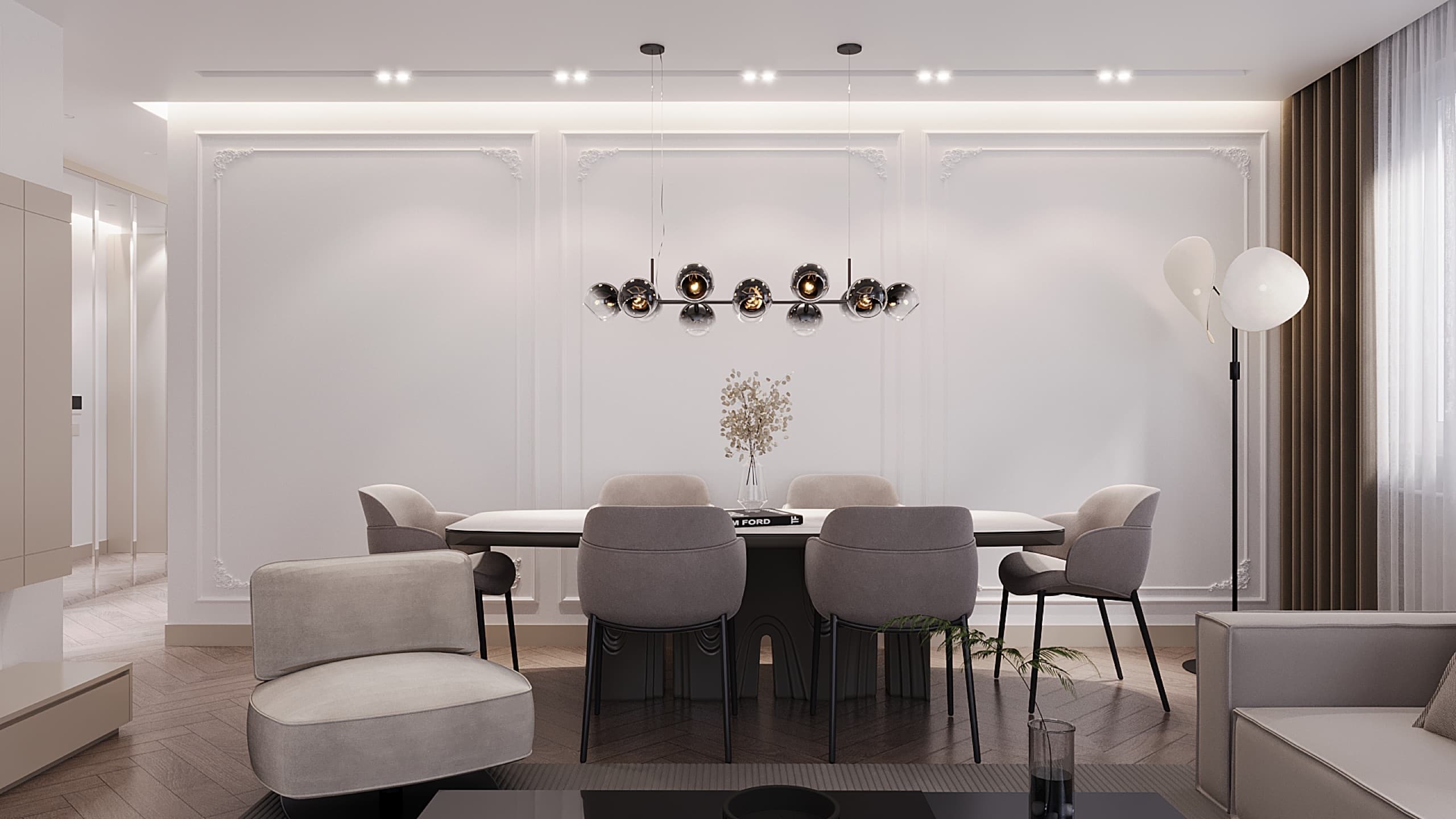 Open dining area with bubble pendant chandelier