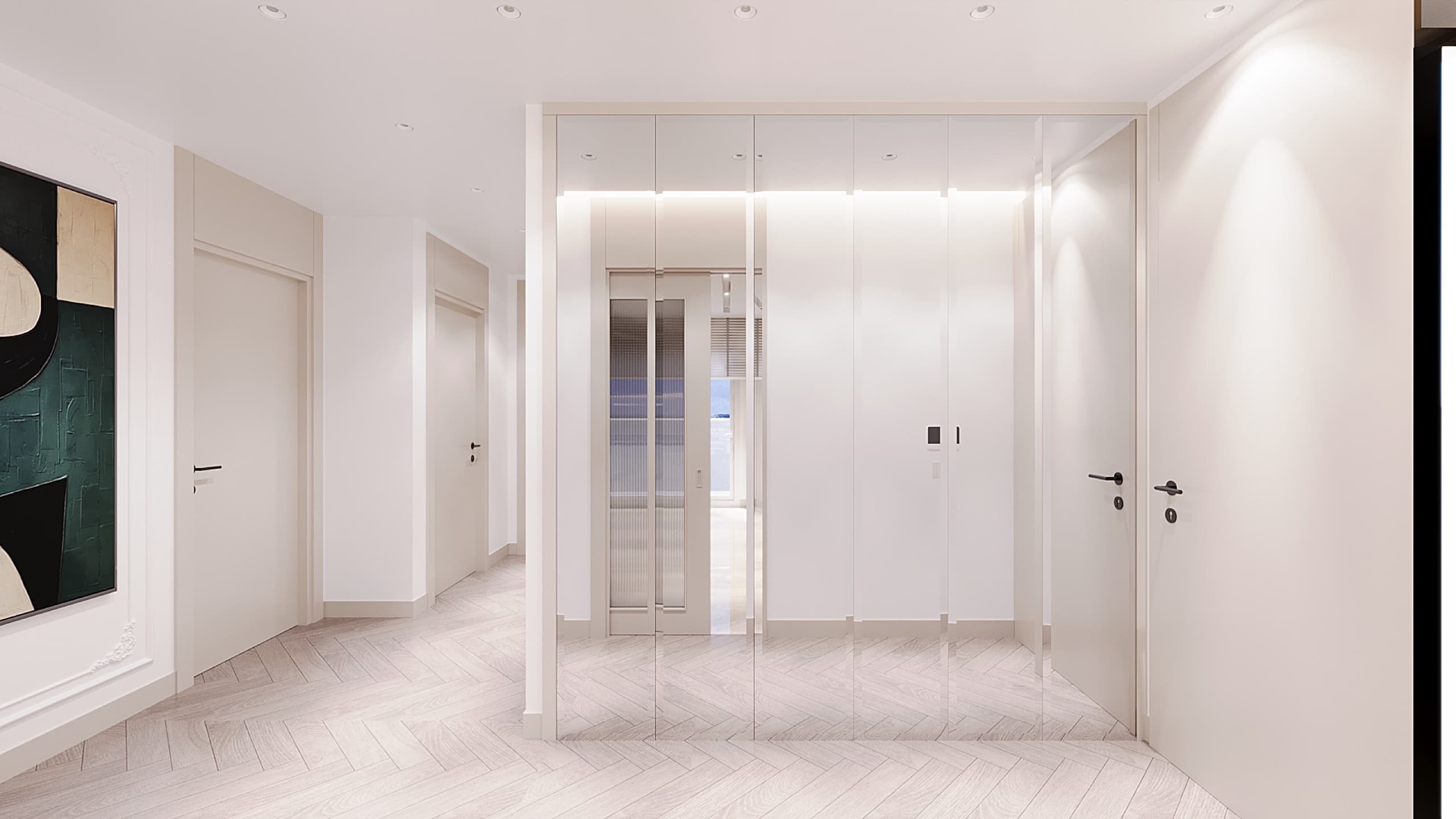 Hallway with classical wainscoting and accent lighting